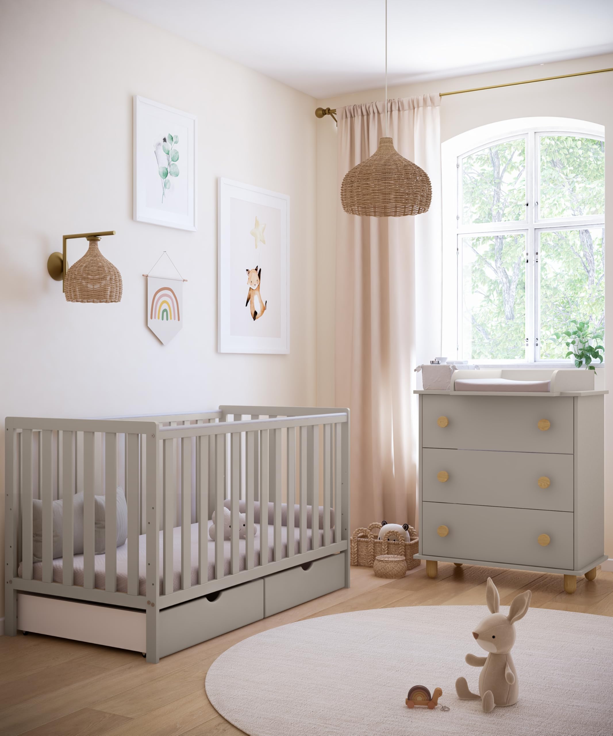 zee Cuna Bebé 140x70 cm Bambi 2 en 1 Convertible en Cama Infantil Color Cachemira con 2 Cajones Protección Mordida Ajustable 3 Alturas Cuna Madera