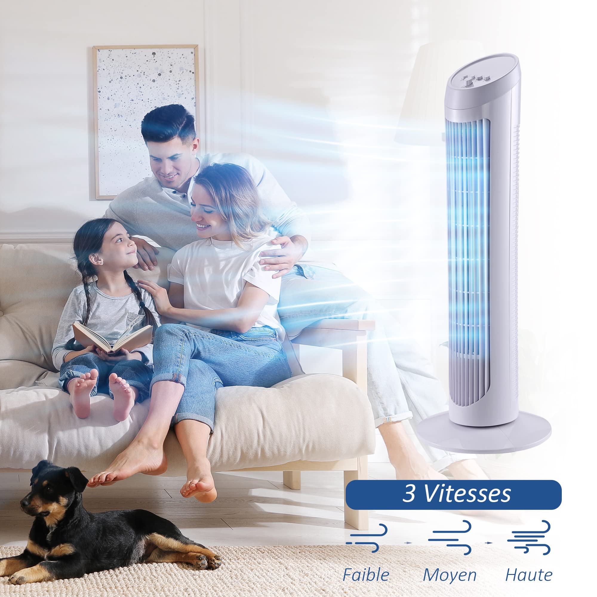 HOMCOM Ventilateur colonne silencieux et puissant 45W ventilateur tour 3 vitesses et oscillant 70°, pour chambre, bureau, 27 x 27 x 75 cm, blanc