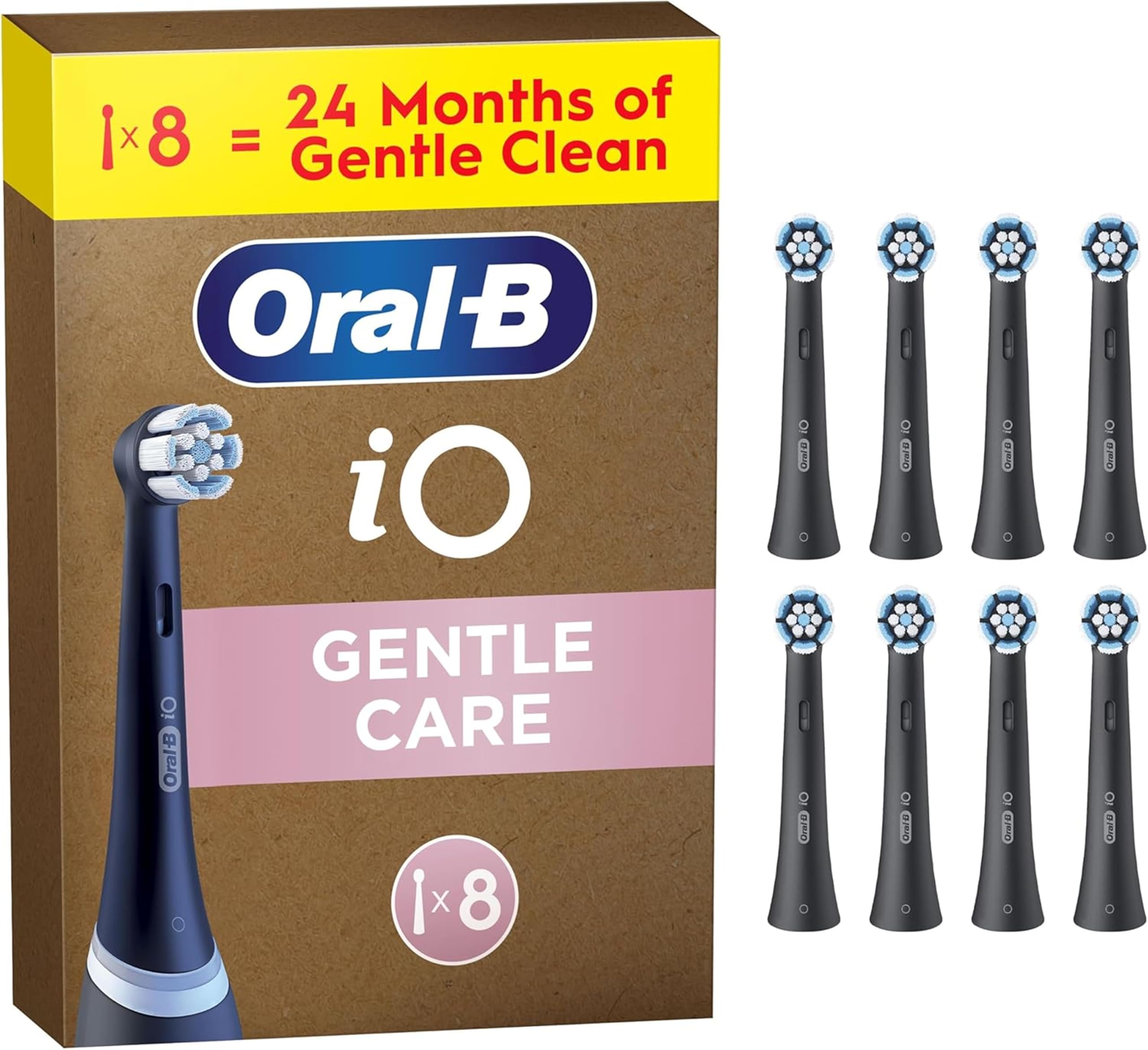 Oral-B iO Gentle Care Original Electric Toothbrush Heads, Black - Pack of 8, Replacement Toothrush Heads with Extra Soft Bristles for Sensitive Gums & Gentle Plaque Removal, Packaging May Vary