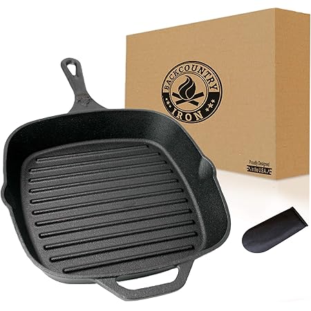 Backcountry Cast Iron 12" Large Square Grill Pan (Pre-Seasoned for Non-Stick Like Surface, Cookware Range / Oven / Broiler / Grill Safe, Kitchen Skillet Restaurant Chef Quality)