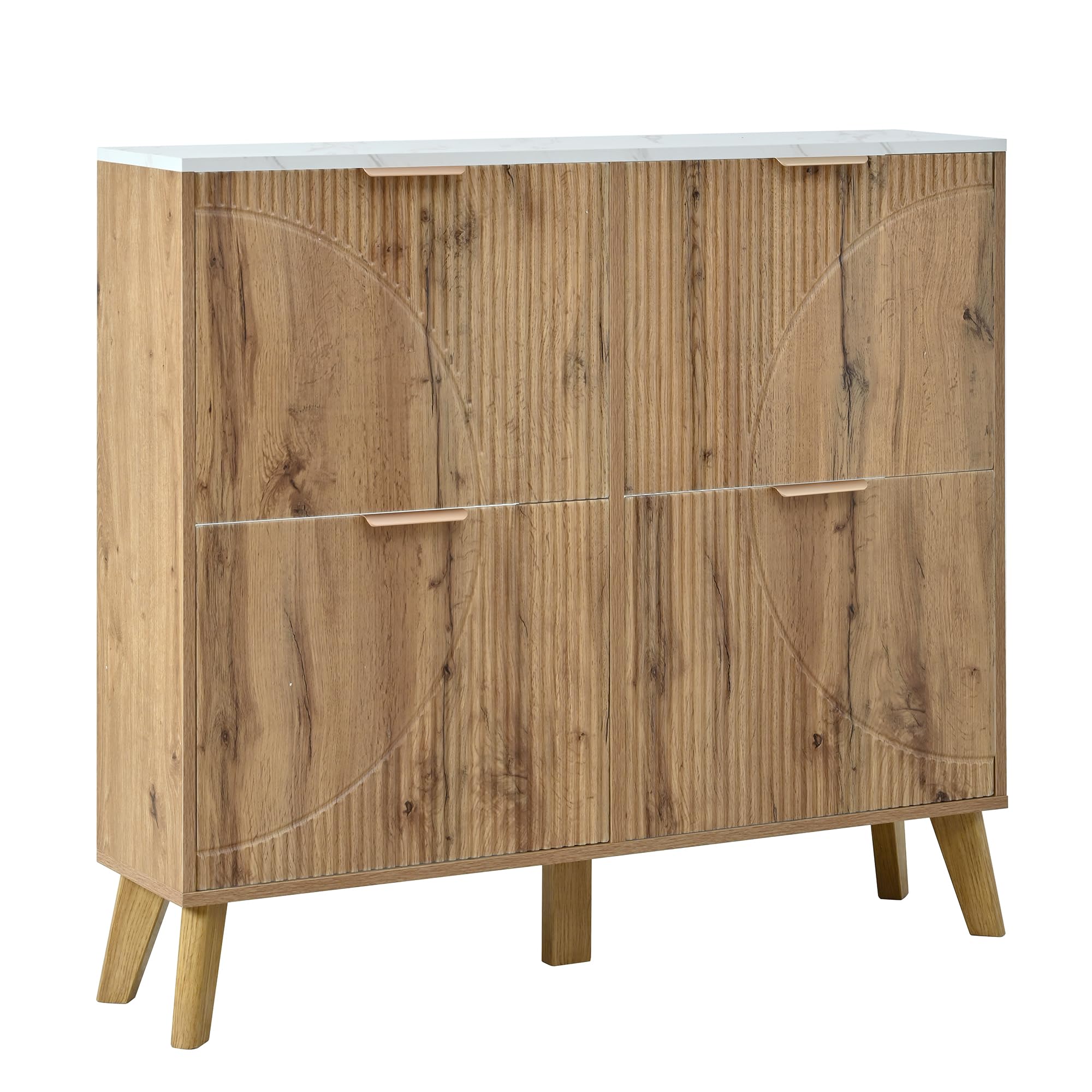 Scarpiera con coperchio incernierato effetto legno, 105 x 24 x 95,5 cm, quattro ante, piano di lavoro effetto marmo, pannelli porta in rilievo 3D, gambe coniche in legno massello, armadietto