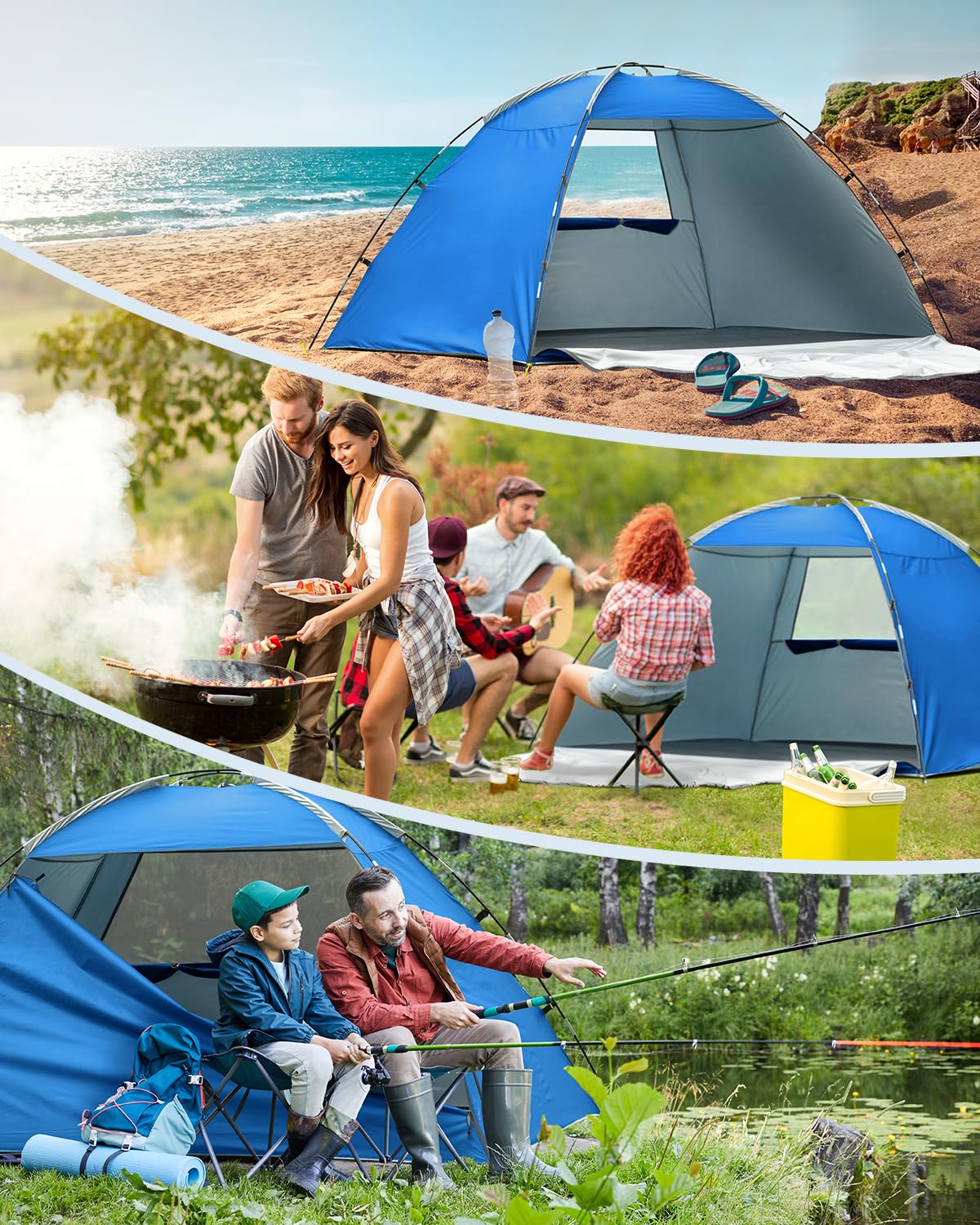 Tente de plage pour 2 à 4 personnes, abri solaire UPF50+ protection UV, pare-soleil sorcière énorme fenêtre en maille respirante, facile à installer, pour la plage, le camping, la pêche