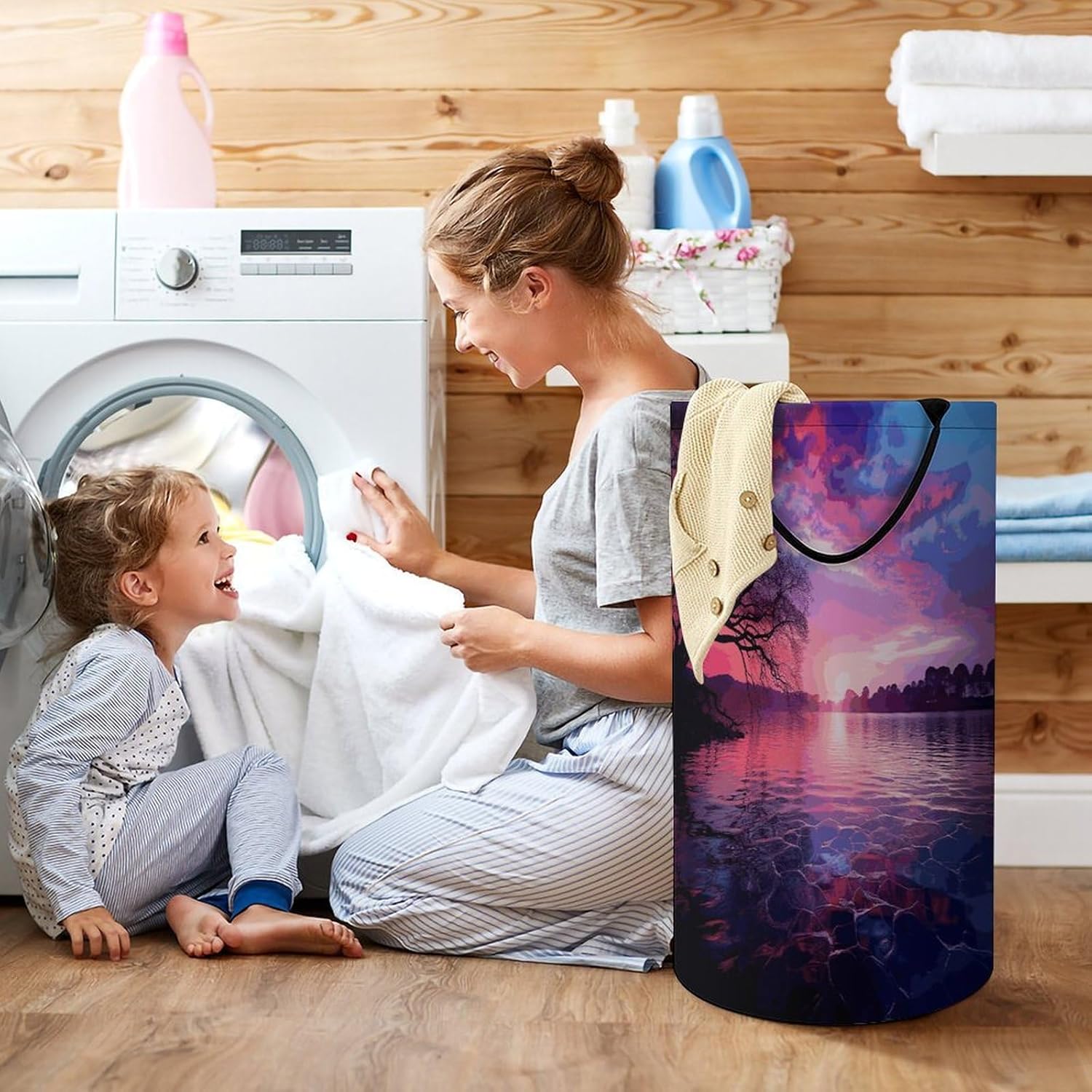 Purple Sunset on WaterLaundry Hamper - Large Dirty Clothes Bag.Storage Basket for Easy Carry Handles. Large Clothes Basket with Handles, Clothing Storage Bucket Toy Organizer for Bathroom Bedroom Dor