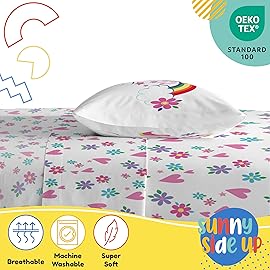 Sunny Side Up Rainbow Unicorns Toddler Sheet Set - 3 Piece Toddler Bedding Set Includes Pillow Cover - Super Soft Floral Hearts Microfiber Sheets