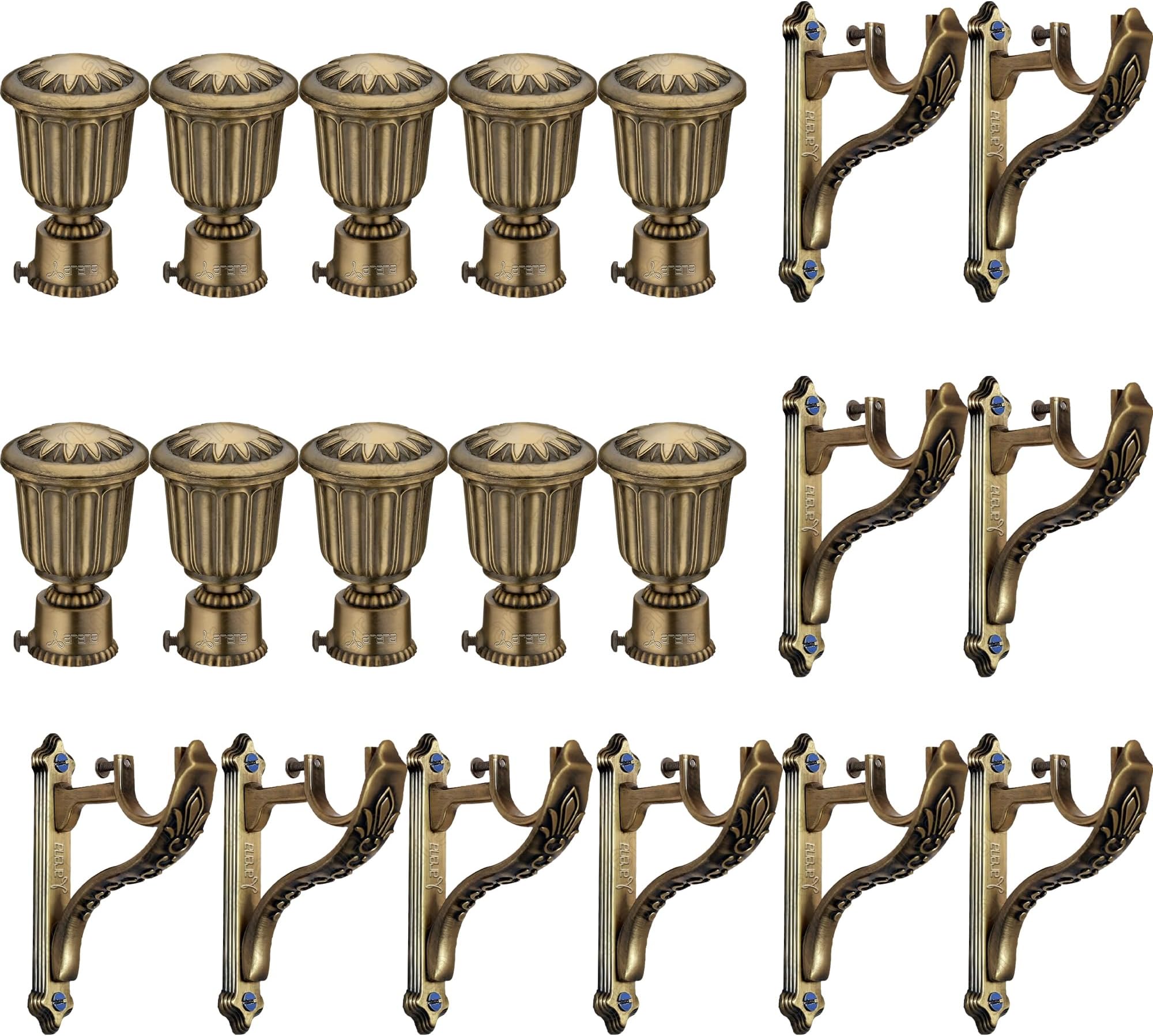 Arena Heavy Duty Aluminium Curtain Holders for Wall | Brass Antique Curtain Brackets and Curtain Finials | Curtain Pipe 1 Inch Curtain Rod Holder for Door and Window and Home Decor | Pair of 10