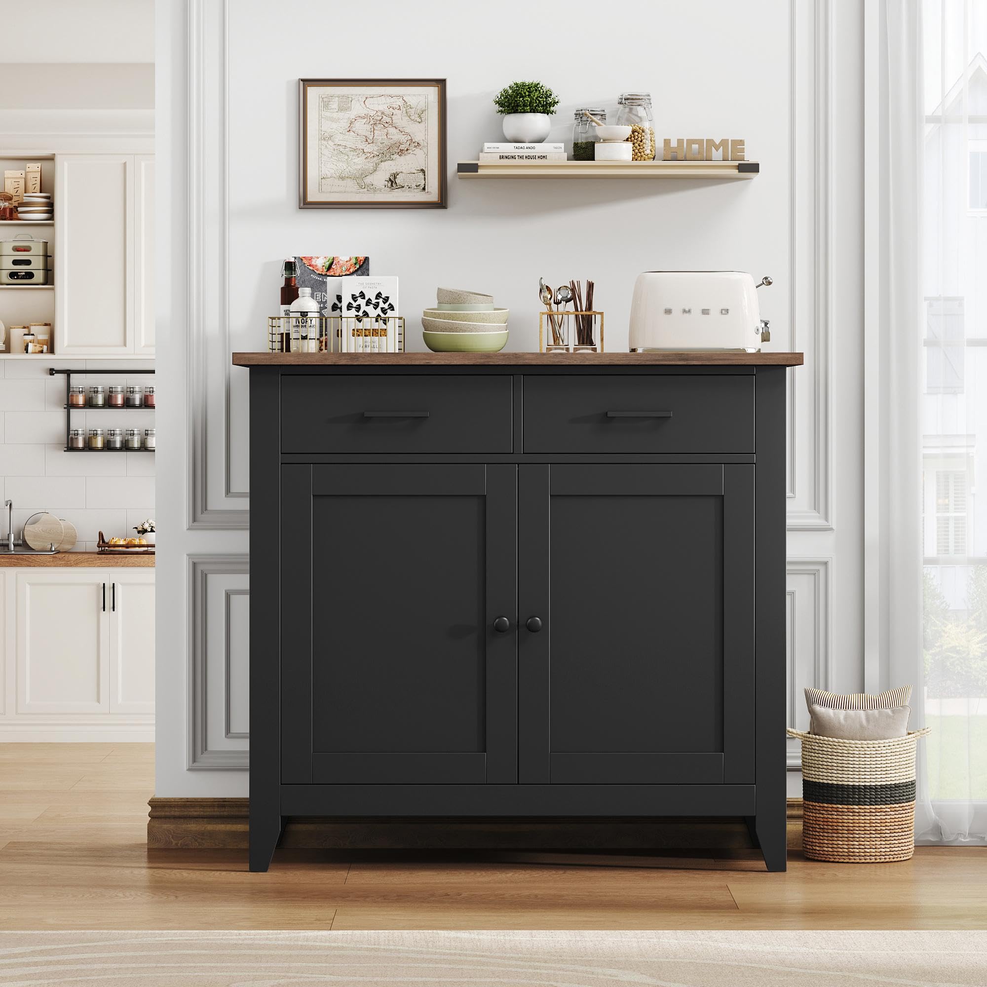 HOCSOK Credenza Buffet, Mobile da Cucina con 2 Armadi e 2 Cassetti, Armadio di Stoccaggio in Legno, Stile Farmhouse, per Soggiorno Sala da Pranzo, Ingresso, Nero, 82x40x91cm