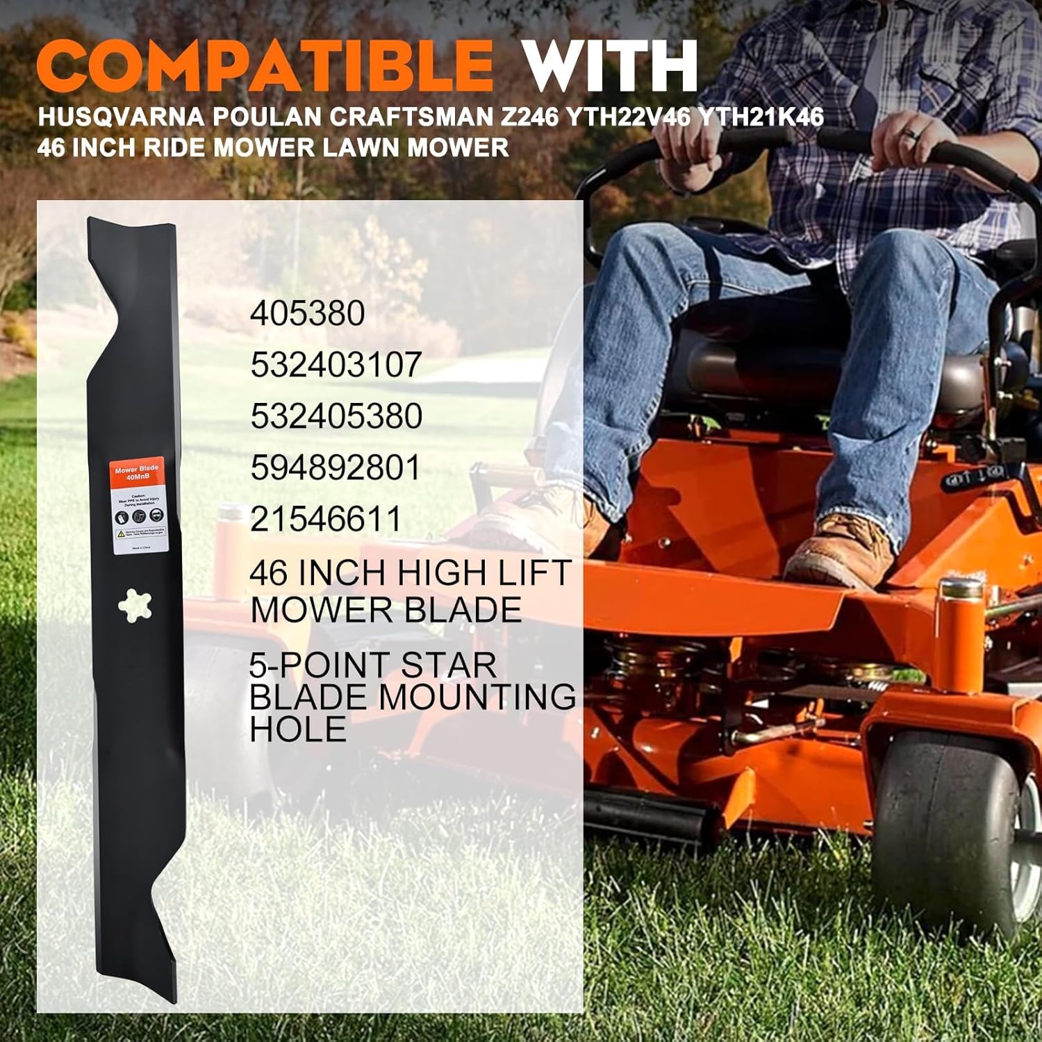 Hipa 2-Pack 532405380 High Lift Mower Blades 5-Point Star Set for Husqvarna Poulan Craftsman Z246 YTH22V46 YTH21K46 YTA22V46 RZ4623 46 inch Lawn Mower Ride Mower Model Replace 405380 532403107 Blades