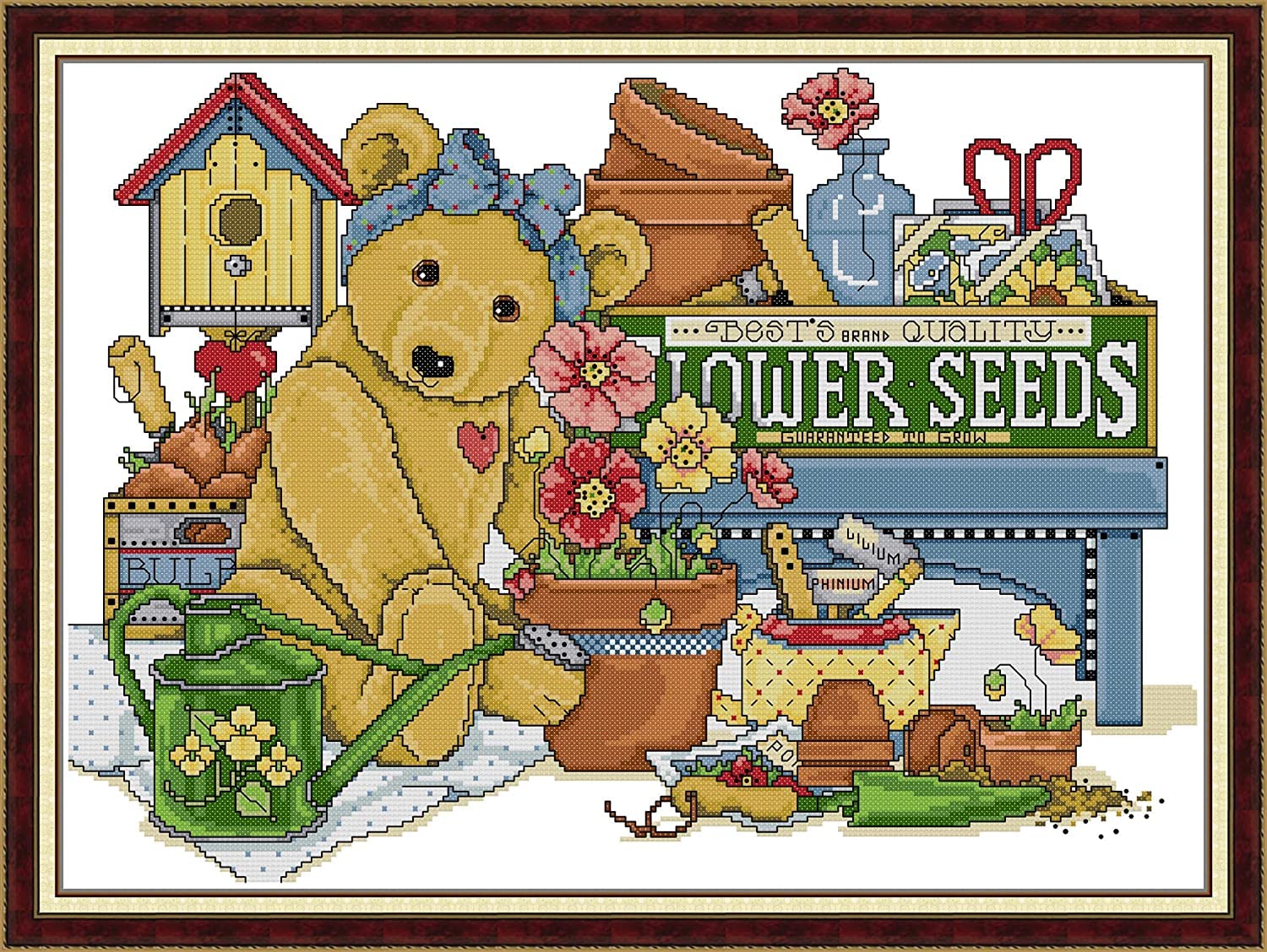 ABEUTY Cross Stitch Kits Garden Bear for Adults Pre Printed or NOT, DIY 14 Count Embroidery Sewing Starter Kit Stamped or Unstamped DMC Needlework Easy Beginners (Unstamped)