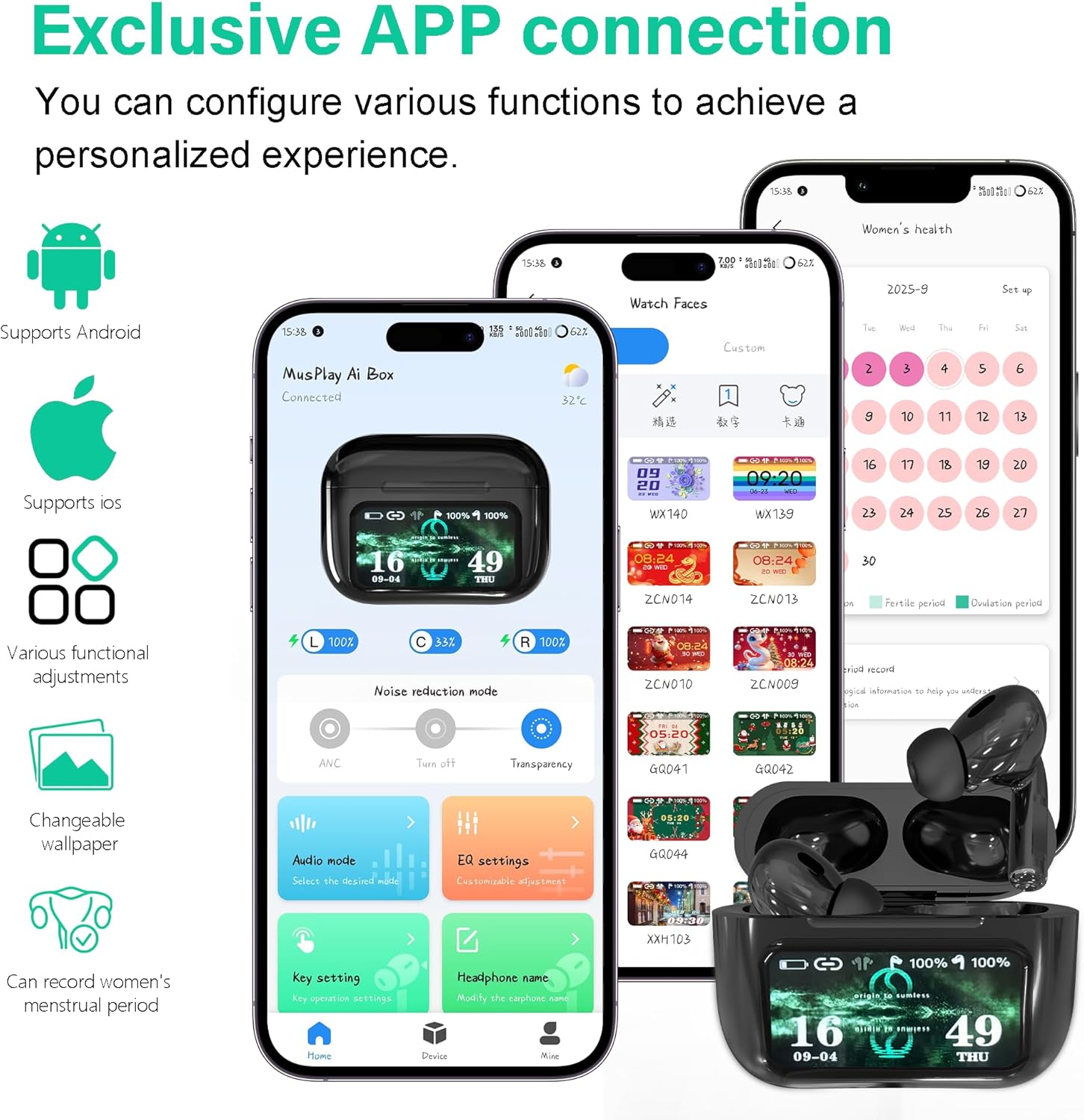 ONES MusPlayE Wireless Earbuds, Bluetooth 5.4 Headphones in Ear with Touch Screen, Active Noise Cancelling, Hi-Fi Stere, USB-C, APP Connected, for iPhone, Android, iPad, Sports, Commuting, Exercise