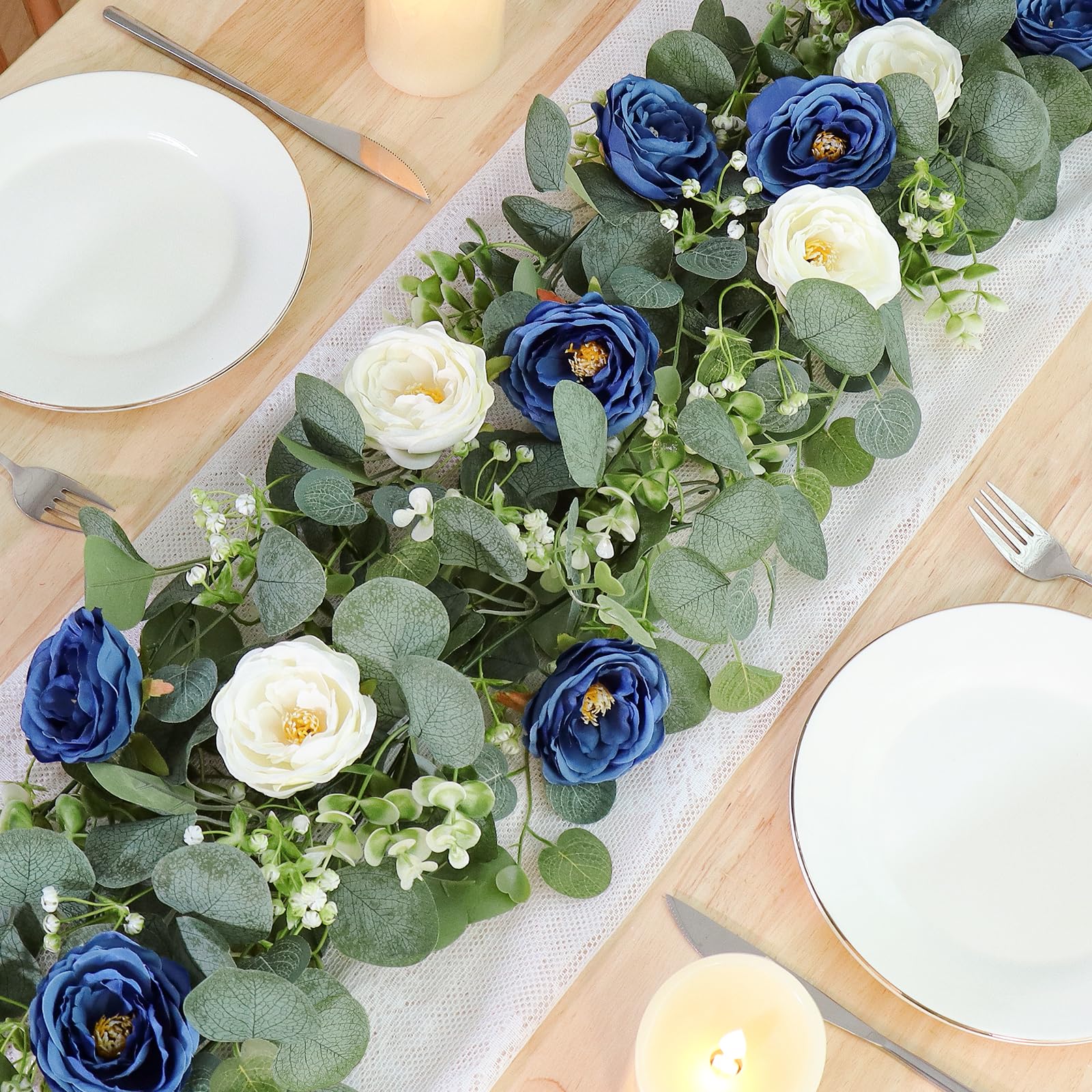 Der Rose 2Pcs Artificial Eucalyptus Flower Garland With Fake Rose Flower Vine Seeded Eucalyptus Leaves Greenery Garland Wedding Table Runner Backdrop Part - View #10