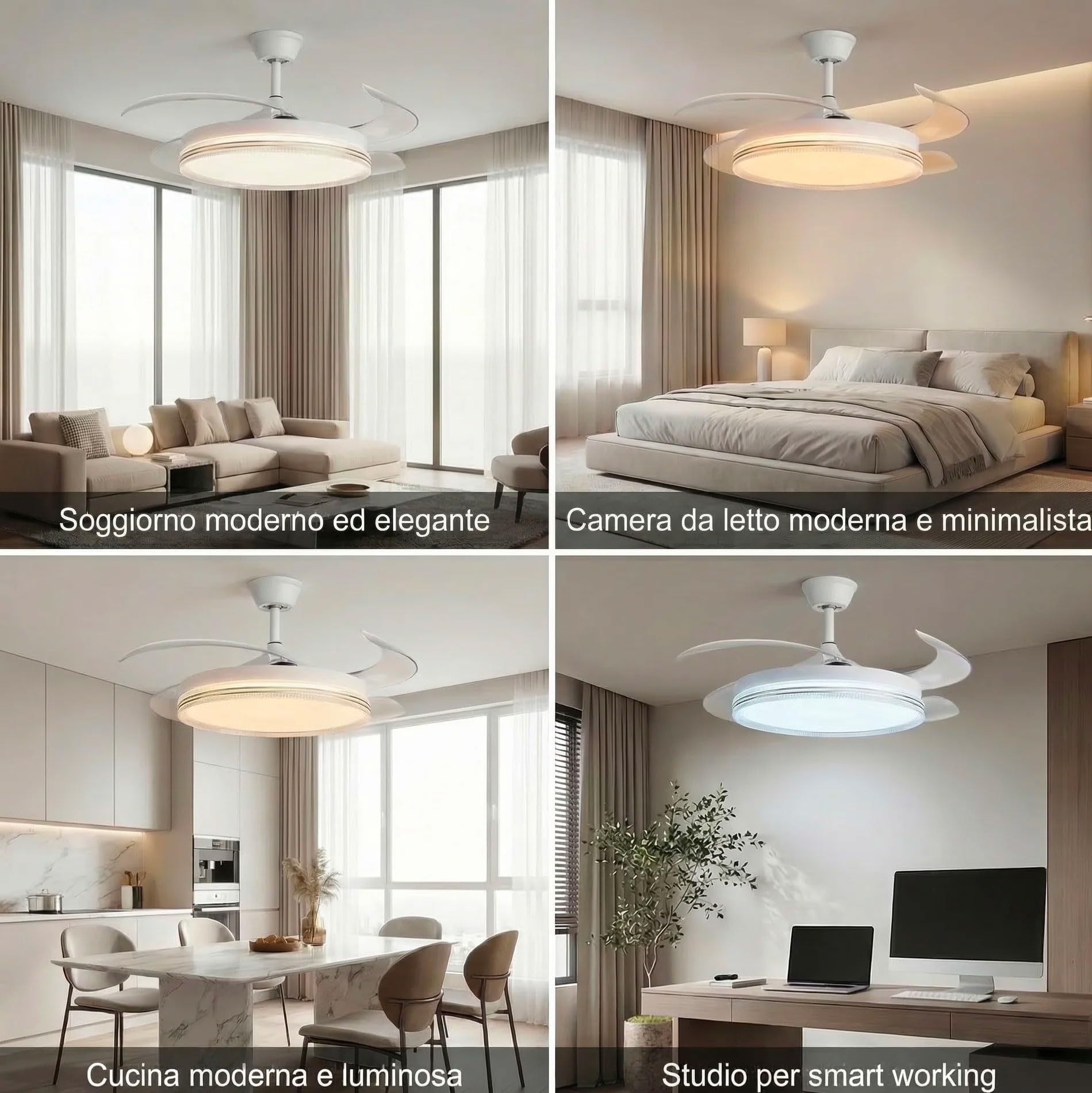 081 Store - Ventilatore da Soffitto con Luce LED e Telecomando, Pale Retrattili Trasparenti, 6 Velocità, 3 Tonalità di Luce, Timer 1/2/4/8H, Motore DC Reversibile Silenzioso, 48 Pollici 120 cm