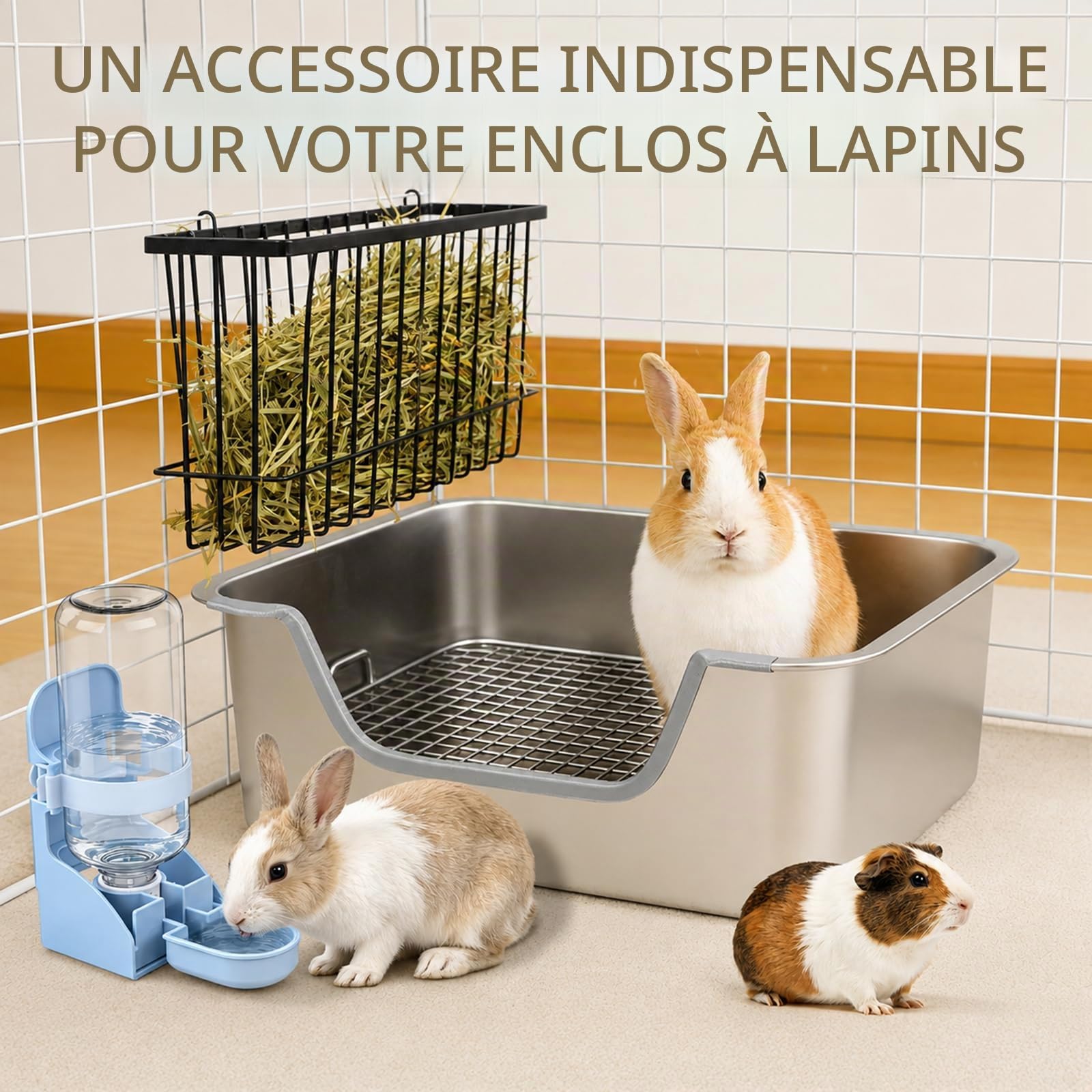 HYLYUN 4-en-1 Bac à Litière Lapin INOX avec Râtelier à Foin, 40x30 cm | Litière petits animaux à entrée basse, anti-odeur, facile à nettoyer, anti-morsure, accessoire cage lapins & cobayes