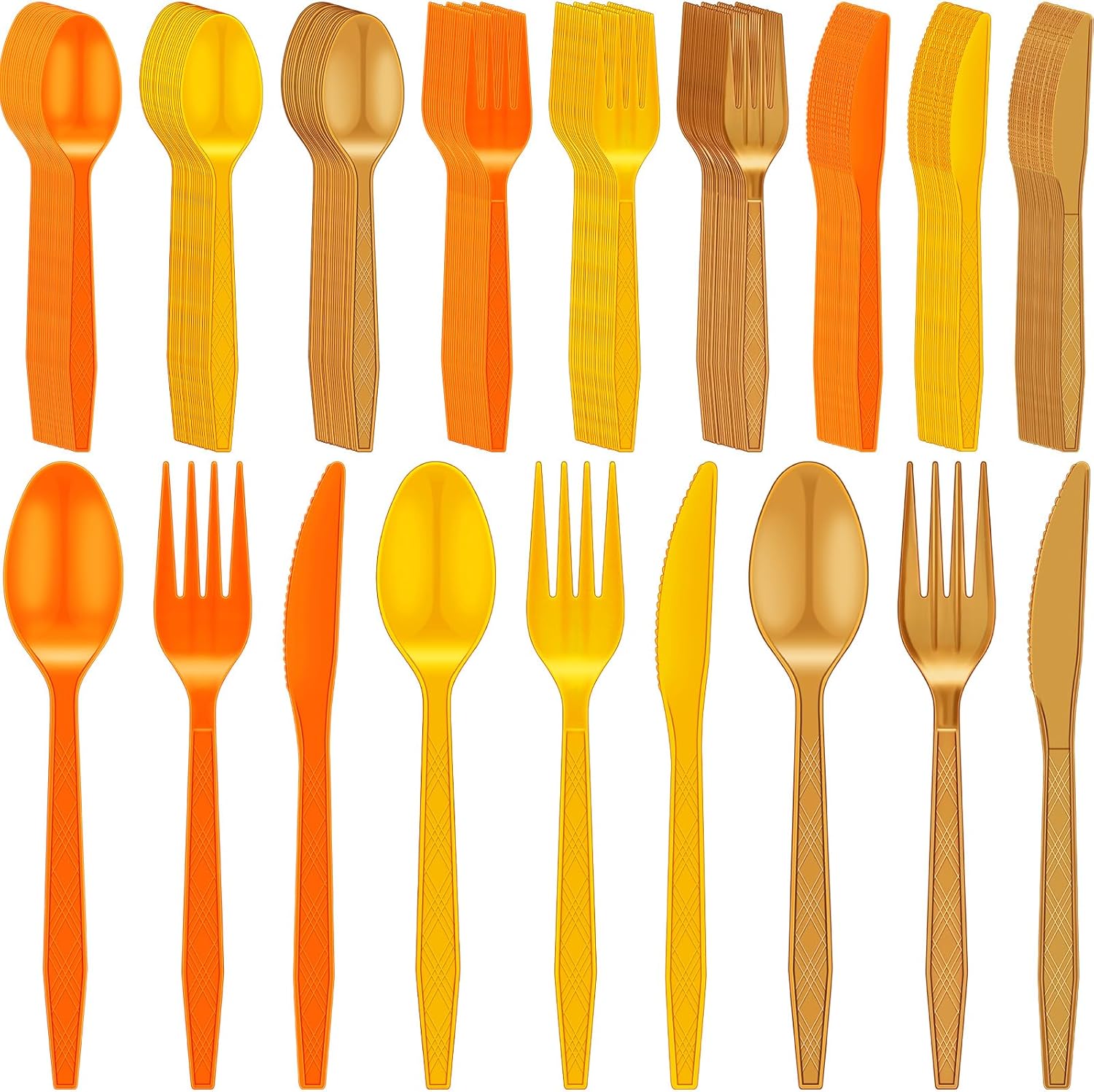 Disposable oranges and gold plastic cutlery set