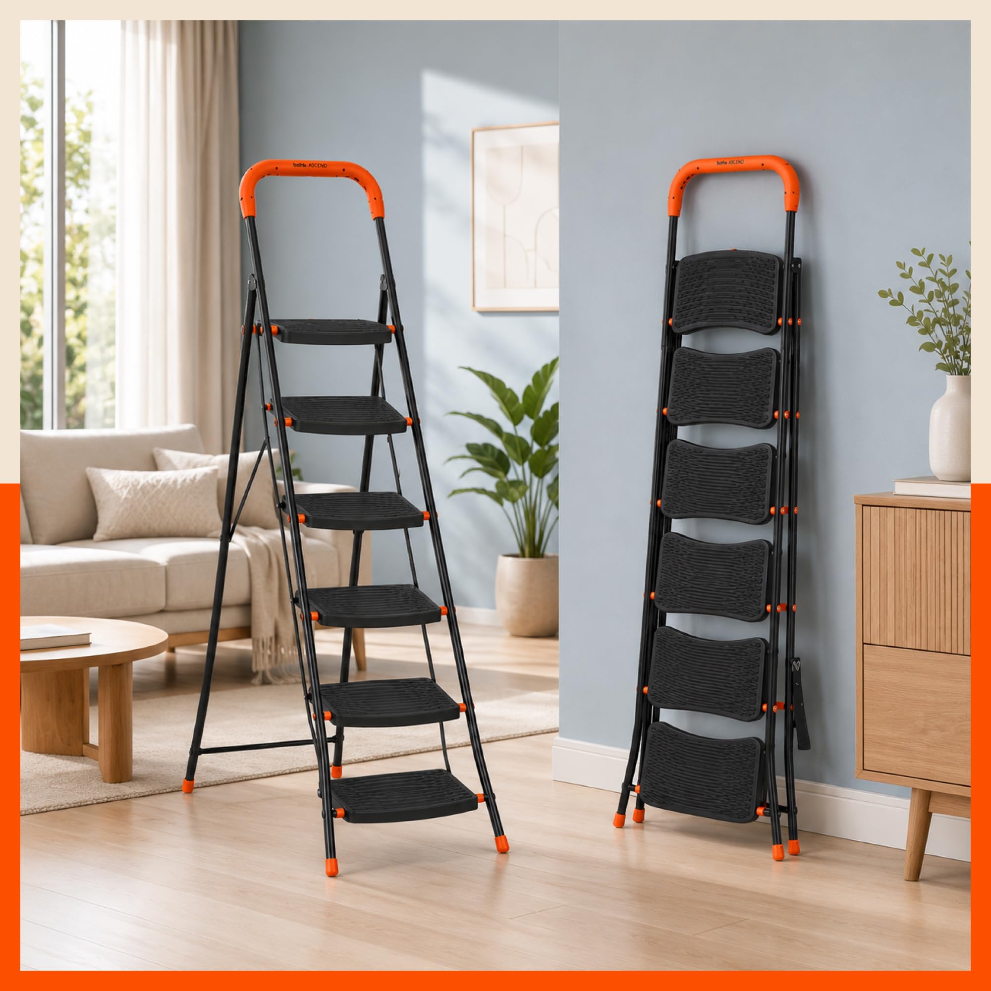 Bathla 6 Step Ascend Steel Ladder for Home Use | Large Platform (36 x 20.5 cm) | Wide Anti-Skid Steps | Safety Hand Grip | Heavy Duty Foldable | 120 kg Capacity | 2-Year Warranty | Orange & Black