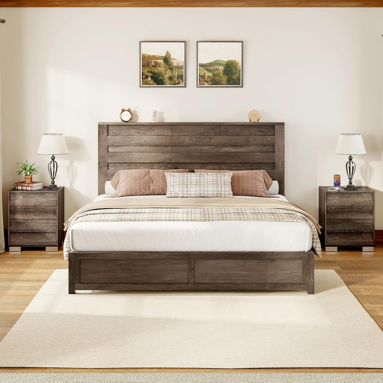 Albott 3-Piece Farmhouse Bedroom Set, Queen Bed Frame with Slatted Headboard and 2 Nightstands with USB Charging Ports, Rustic Grey