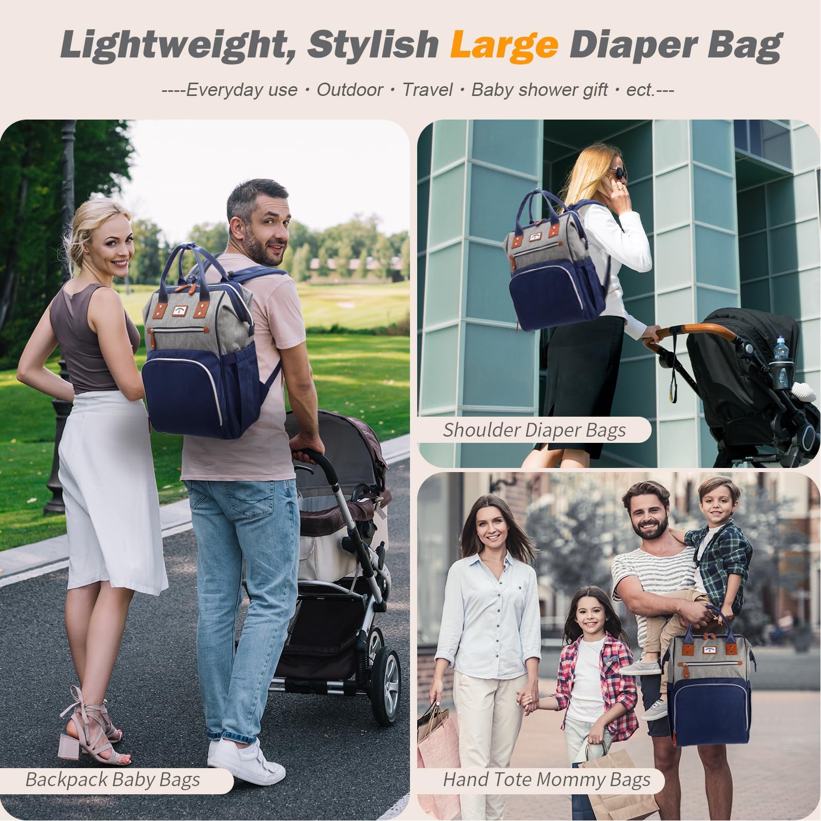 Mochila para pañales: bolsa grande para pañales para mamá, mochila de pañales para hombre, bolsa de hombro para mujer, bolsa de pañales para mamá y papá, azul y gris, Negro Gris, XL, Mochila