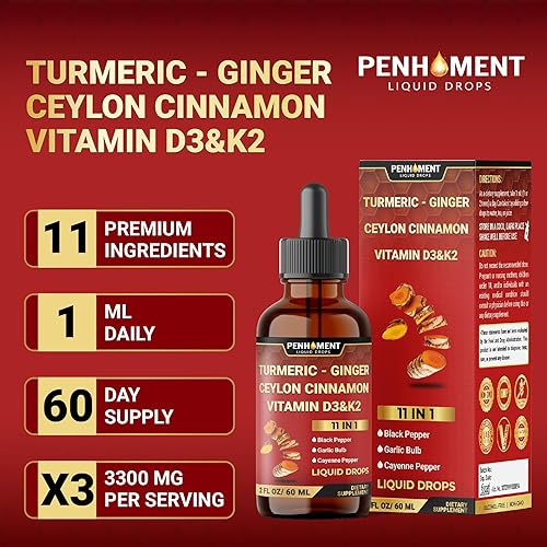 Miniatura 5 de Curcumina líquida de cúrcuma 11 en 1, 3300 mg con vitamina D3 K2, jengibre, canela de Ceilán, extracto de berberina, ajo, pimienta negra, extracto