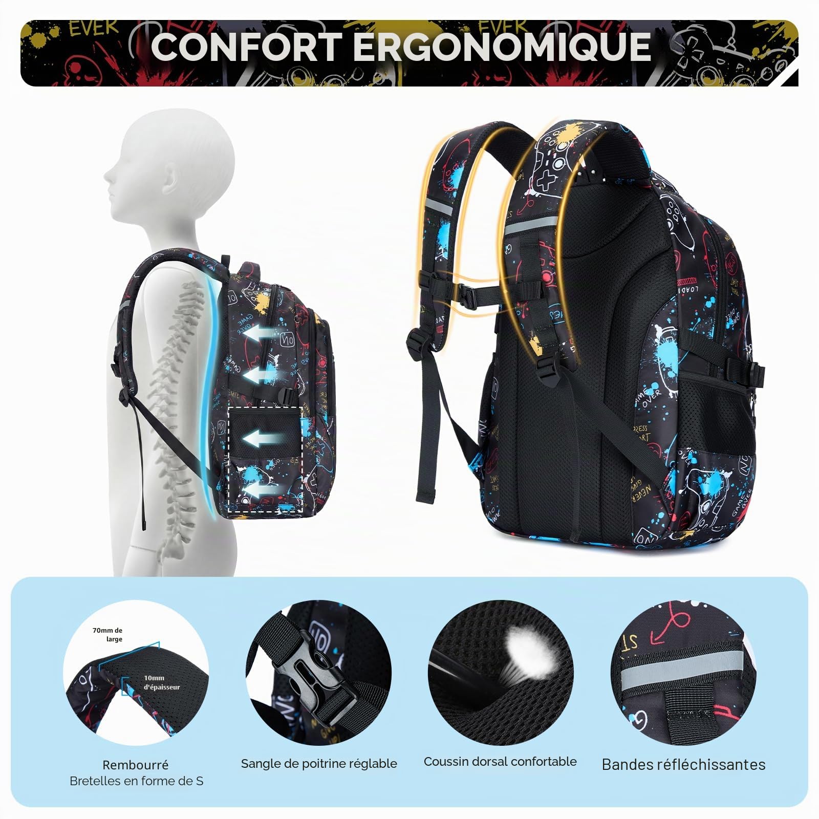 Amythe Cartable Garçon Primaire - Sac à Dos Garçon Collège Lumineux Nocturne avec Compartiment 15.6“ Pc, Ergonomique, Grand Sac D'école Loisirs Imperméable pour Ados 9-16 ans