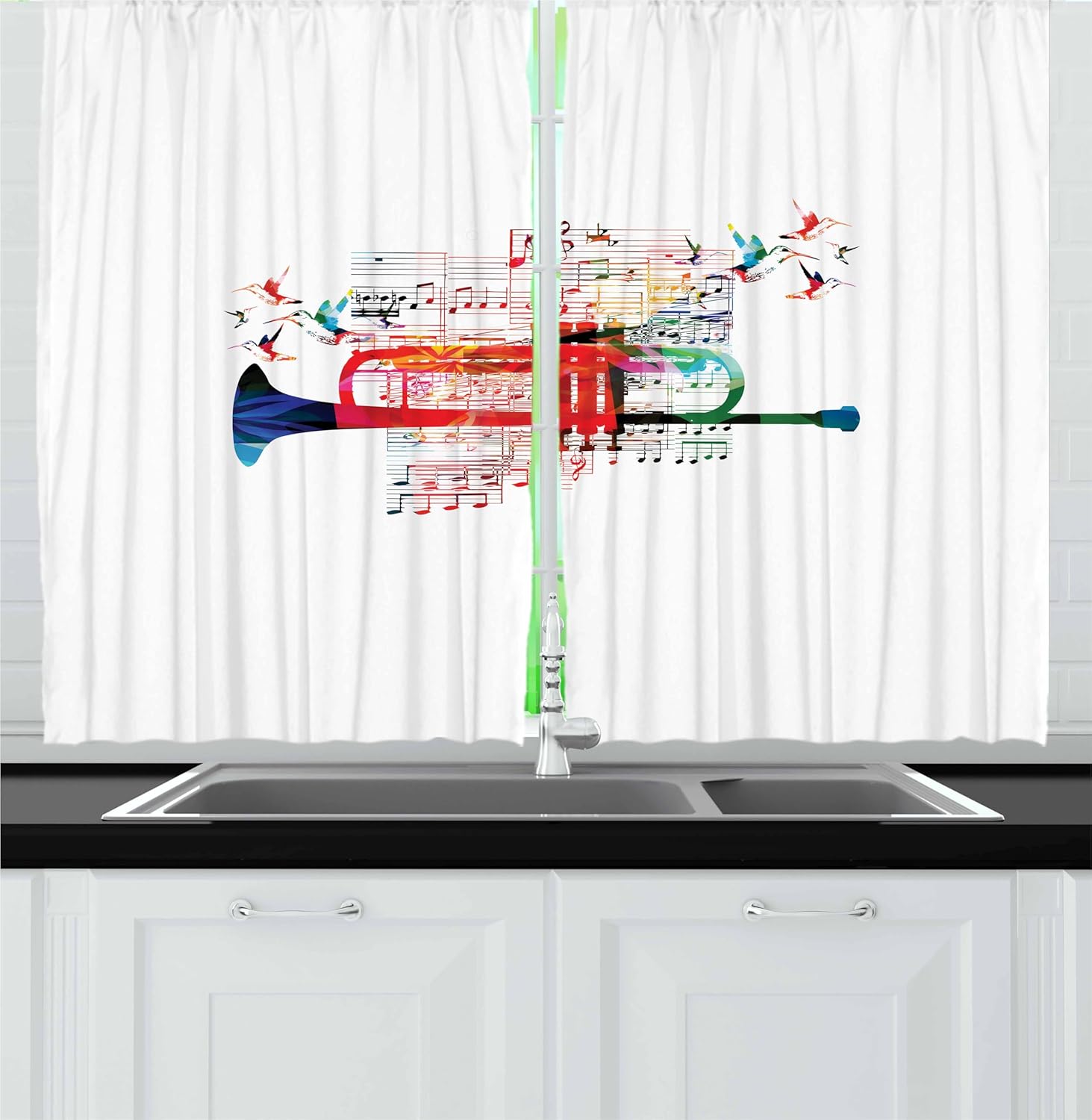Amazon.com: Lunarable Trumpet Kitchen Curtains, Colorful Instrument ...