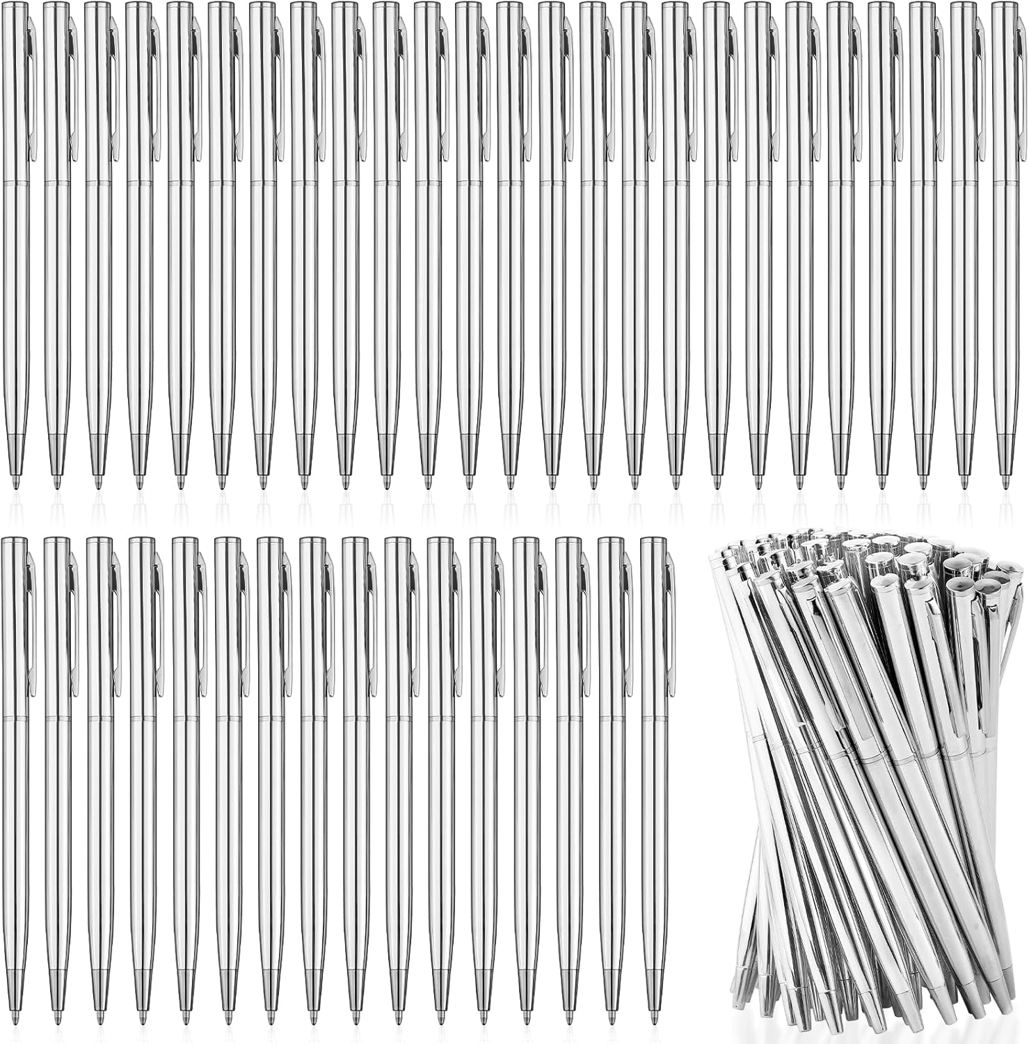 100 Pcs Ballpoint Pens Bulk,Slim Metal Retractable Ballpoint Pens,1 mm Medium Point Smooth Writing Pen for Wedding Business Teachers Office Supplies,Black Ink (Silver)