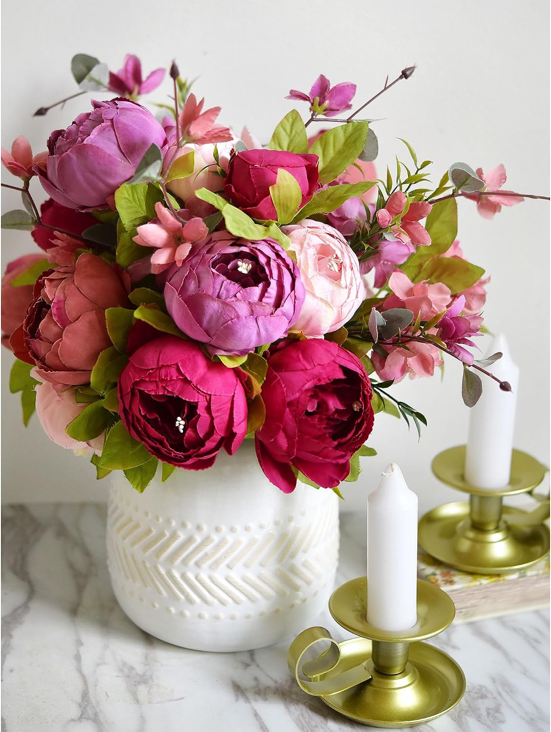 FiveSeasonStuff Mystic Blush Silk Peony & Hydrangea Bouquet with 2 Gold Taper Candle Holders; Vintage-Inspired Artificial Flowers for Weddings & Home Decor image 2