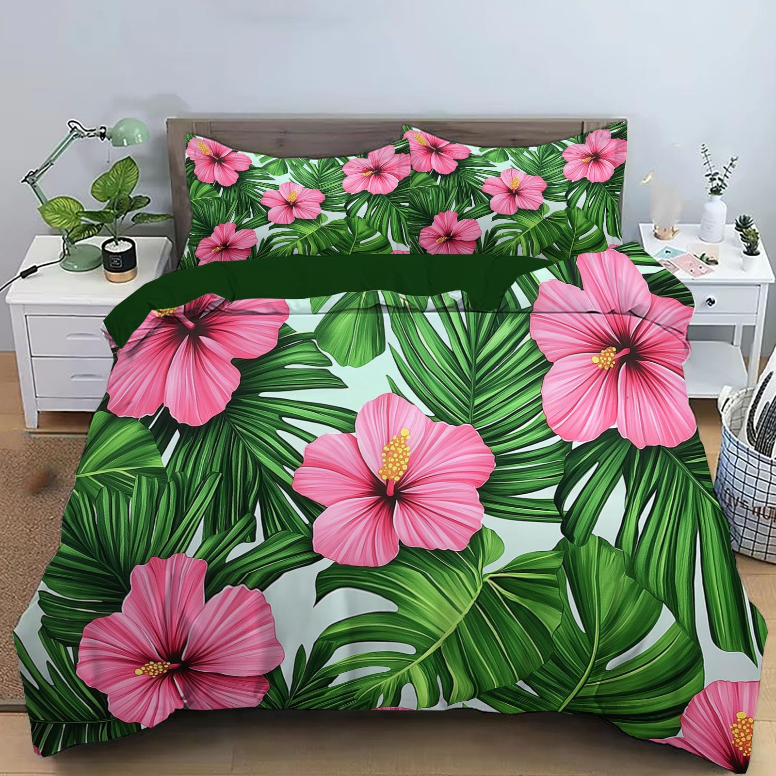 Parure de lit 200x200cm en microfibre premium motif fleurs d'hibiscus
