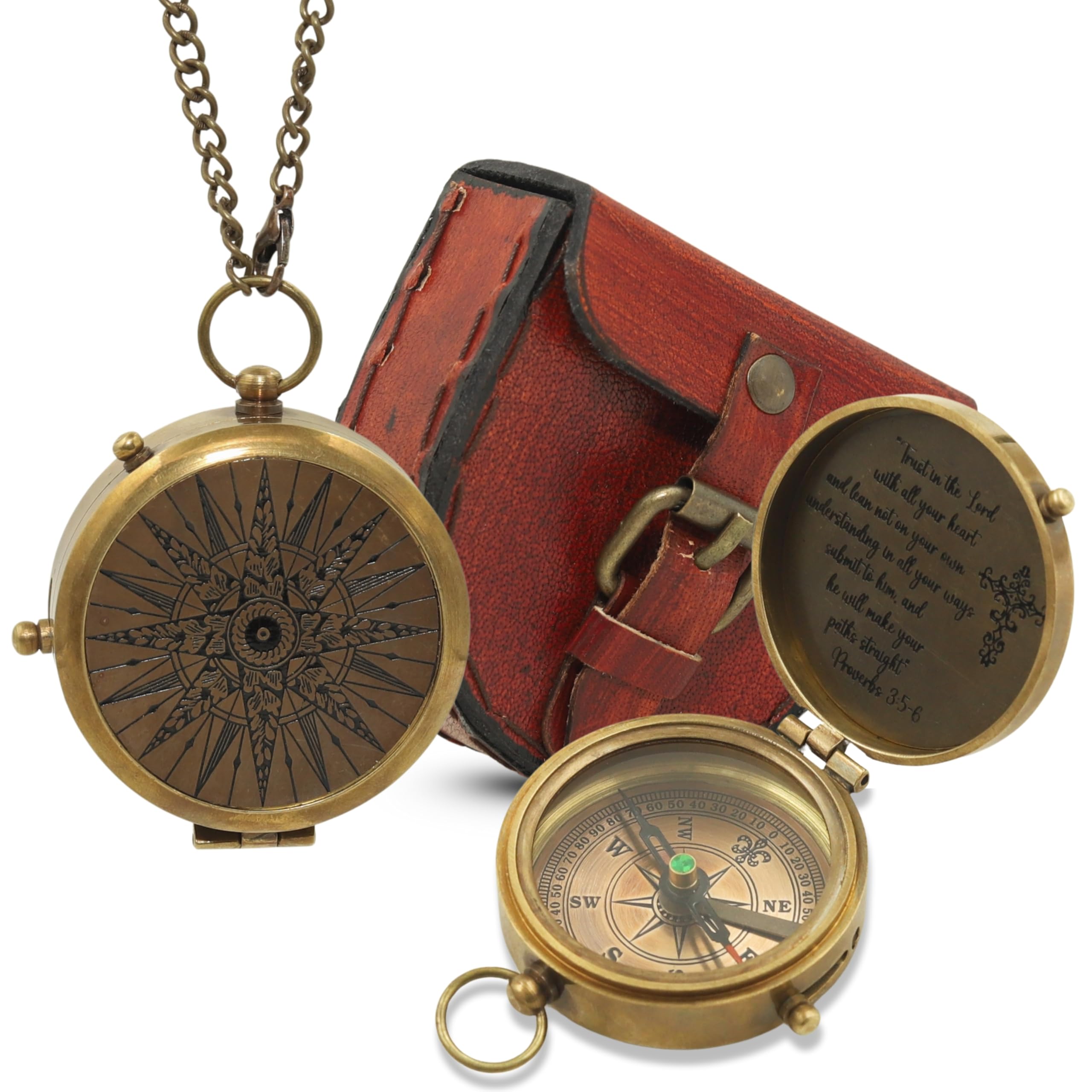 Brújula de latón antiguo con funda de cuero Trust in The Lord Compass - Pastor, bautizo, confirmación, primera comunión, aniversario, regalo de jubilación para adolescentes, hijos, hombres, esposos
