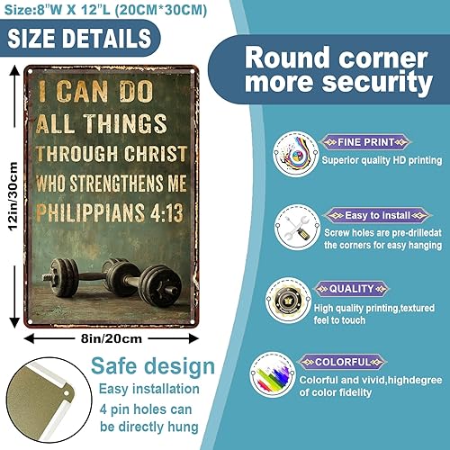 Miniatura 3 de Letrero de metal con texto en inglés "I Can Do All Things Through Christ Gym Motivacional Retro Sign for Workout Home Motivacional Fitness Workout