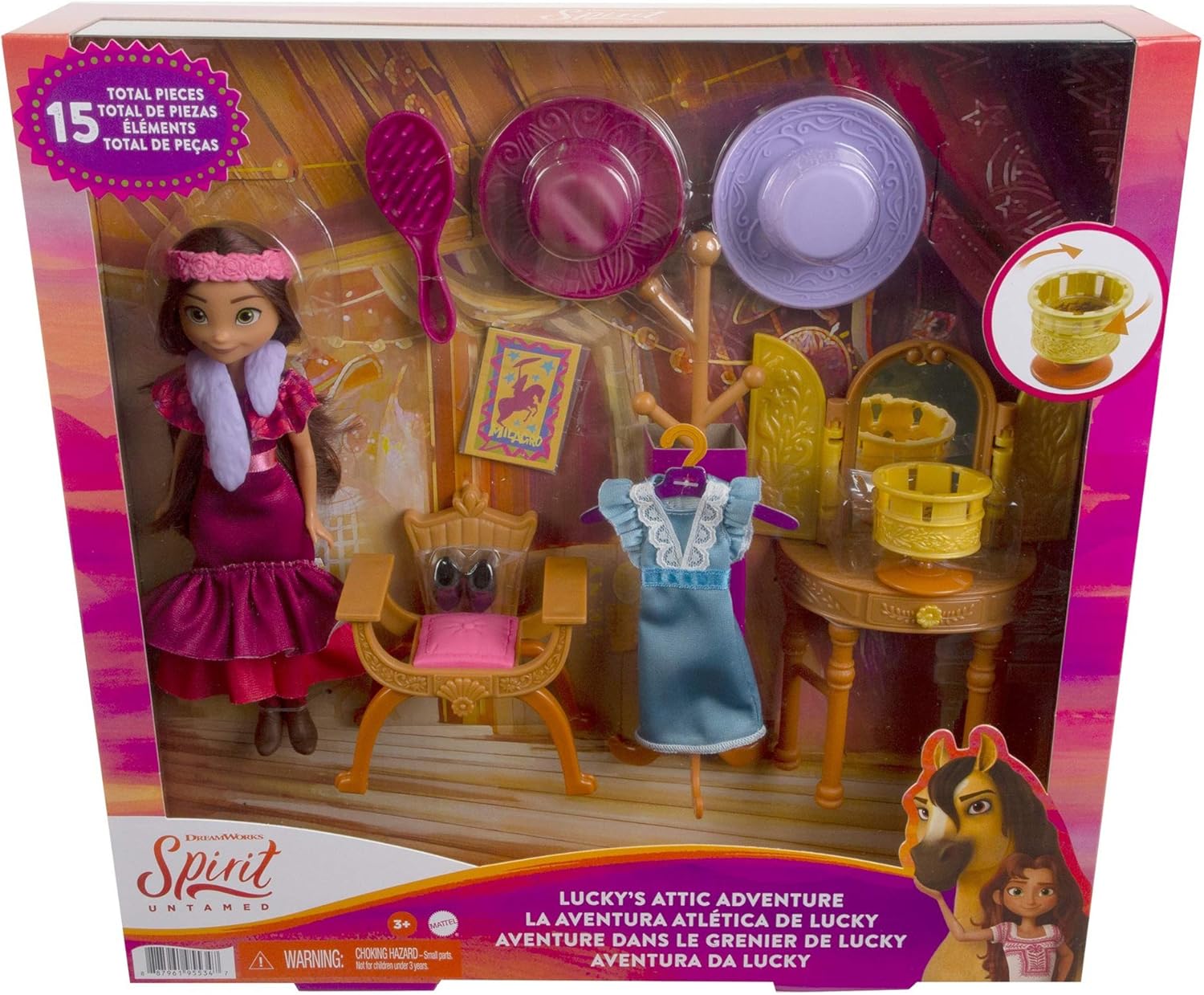 Mattel Spirit Untamed Lucky’s Attic Adventure Playset, Lucky Doll (7-in) with Vanity, Chair, Hat Rack, Zoetrope, Extra Outfit, Boots & Accessories, Great Gift for Ages 3 Years Old & Up