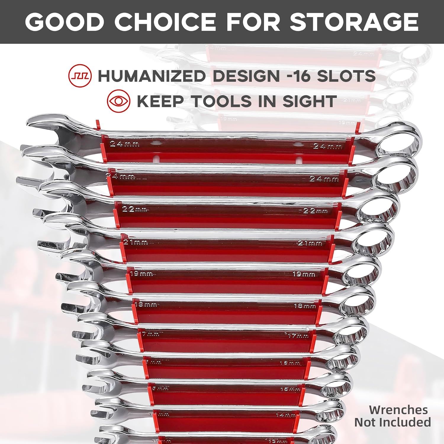 Reniteco Plastic Wrench Organizer, Premium High-density Wrench Holder, Large Wrench Racks for Wall and Tool Box, 64 Slots Fit SAE&Metric Wrenches Tray(4Red)