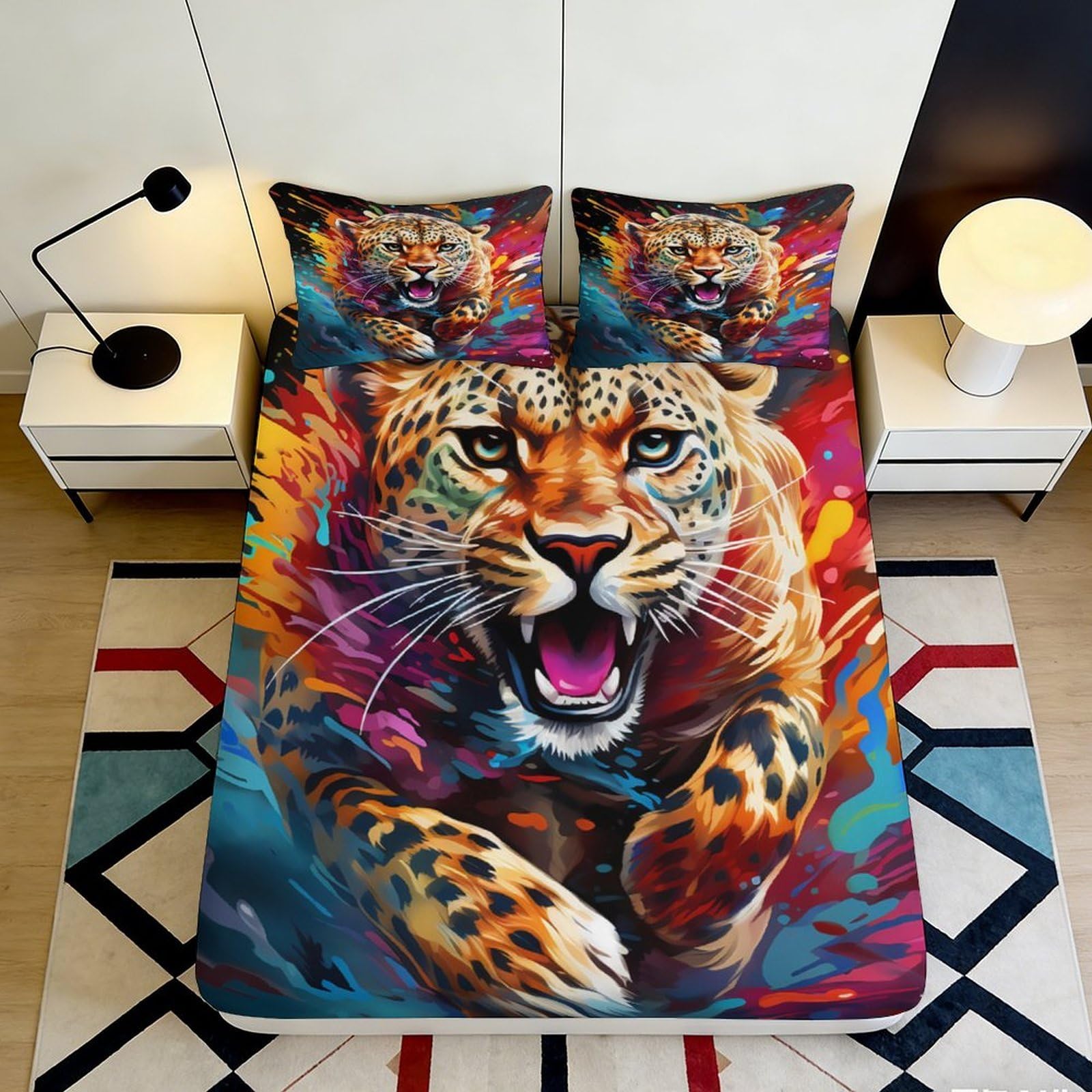 3D Printed Colorful Jaguar Fitted Sheet Microfiber Soft Durable Vibrant Leopard Bed Cover for Bedroom Dormitory Guest Room Mattress Protection 180x200x25cm