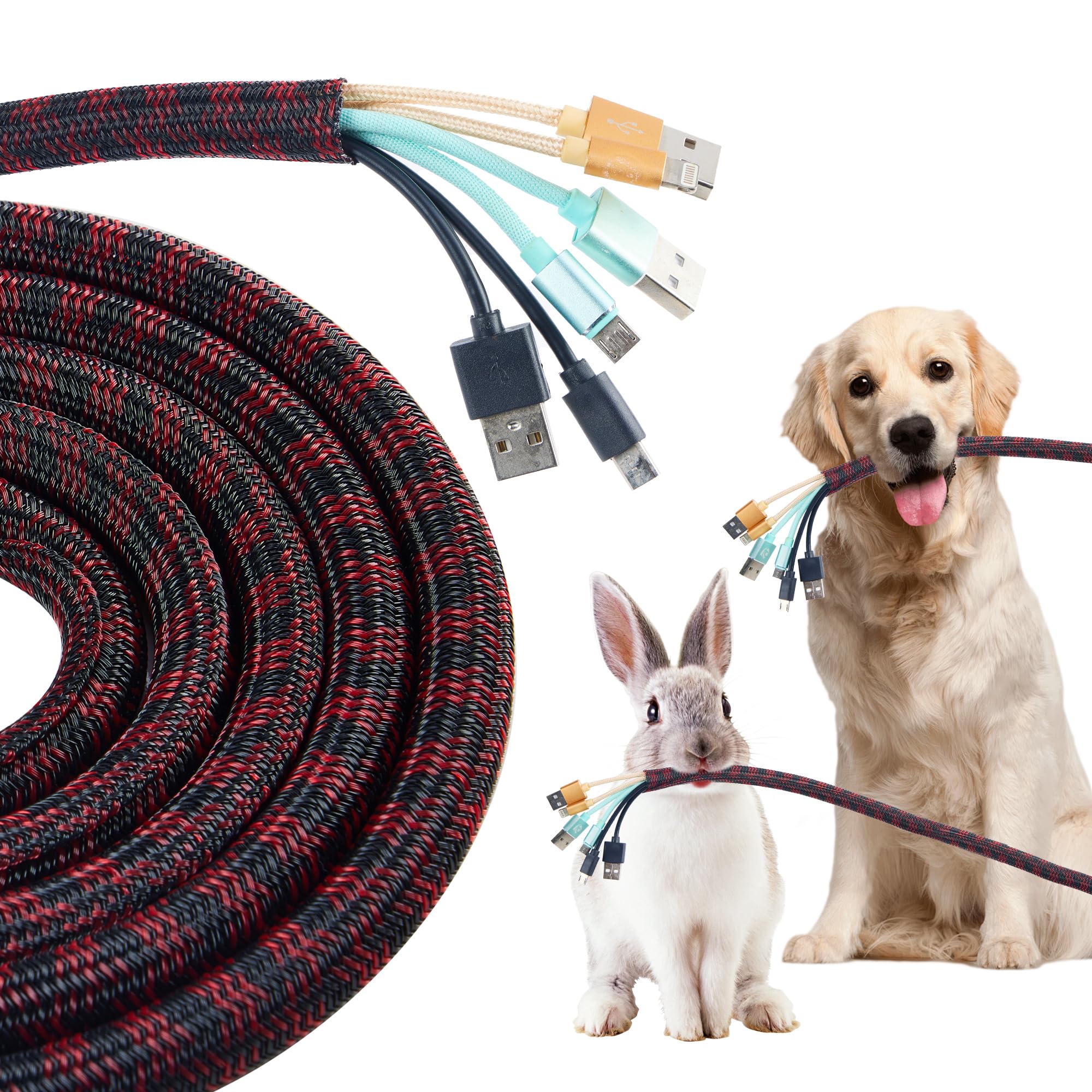 Guaina per cavi da 15,2 m, per gestione e protezione, resistente alla masticazione degli animali domestici, per automobili, computer, TV, cavi – nero e rosso