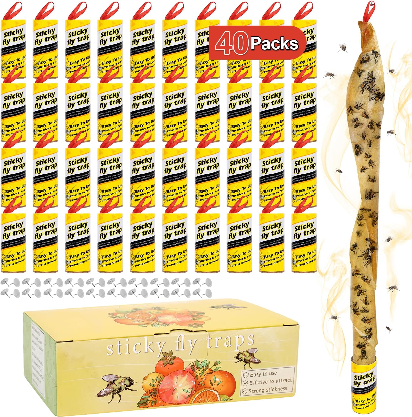 40 Rolls Fruit Fly Traps for Indoors, Fly Trap, Fly Trap Indoor for Home, Fly Traps Outdoor, Sticky Fly Strips, Fly Glue Paper Tape Catcher Ribbon for Gnat Fungus Fruit Flies