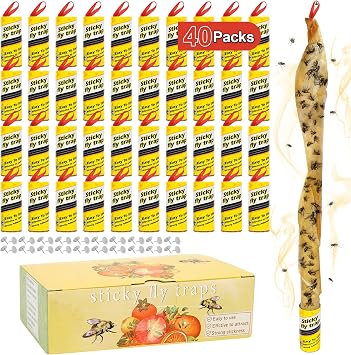 40 Pack Fly Strips Indoor Hanging Fly Trap Outdoor Sticky with Pins