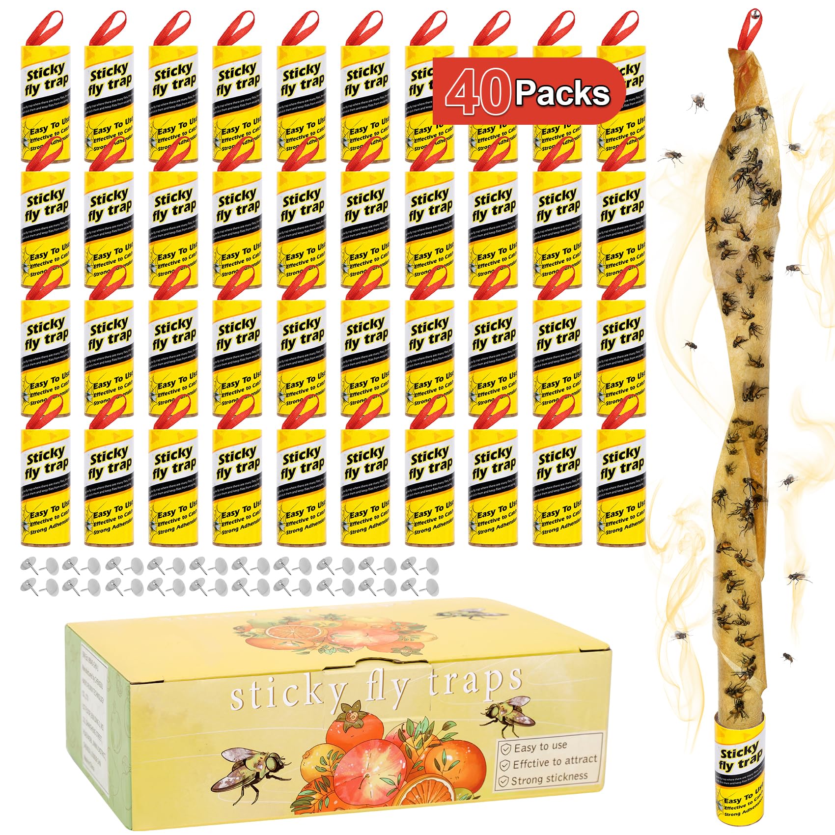 40 Rolls Fruit Fly Traps for Indoors, Fly Trap, Fly Trap Indoor for Home, Fly Traps Outdoor, Sticky Fly Strips, Fly Glue Paper Tape Catcher Ribbon for Gnat Fungus Fruit Flies