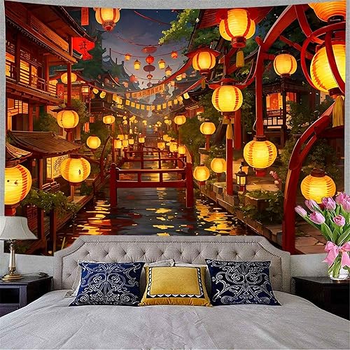 Miniatura 7 de NTERC Tapiz de anime japonés, farol, festival, calle Riverway, para colgar en la pared, manta de pared de paisaje nocturno de ciudad, 93 x 71