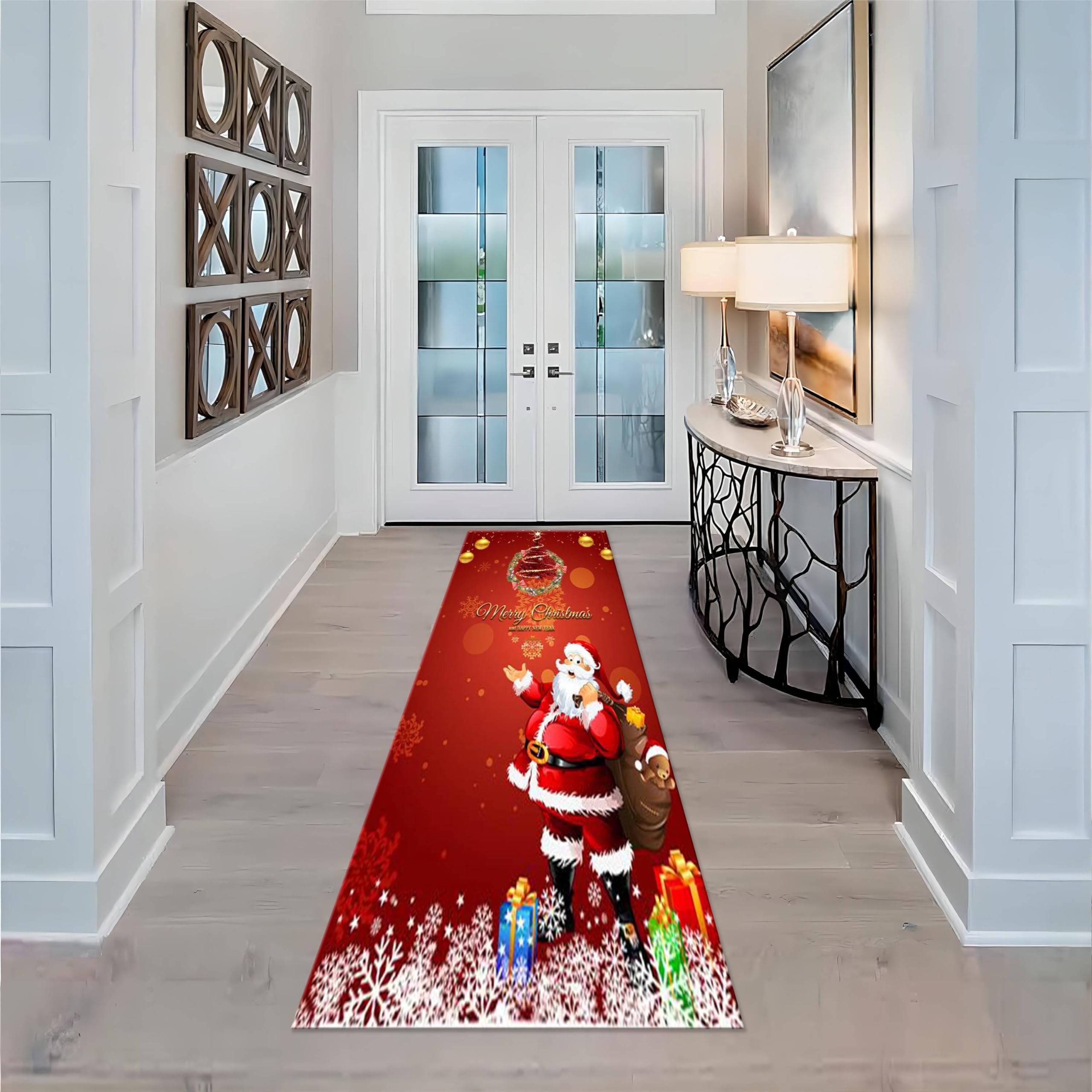 Fouiunler Santa Claus Runner Rug, 2x10ft, Golden Xmas Tree and Snowflakes Long Runner Rugs for Hallways,Modern Christmas Kitchen Rugs, for Indoor