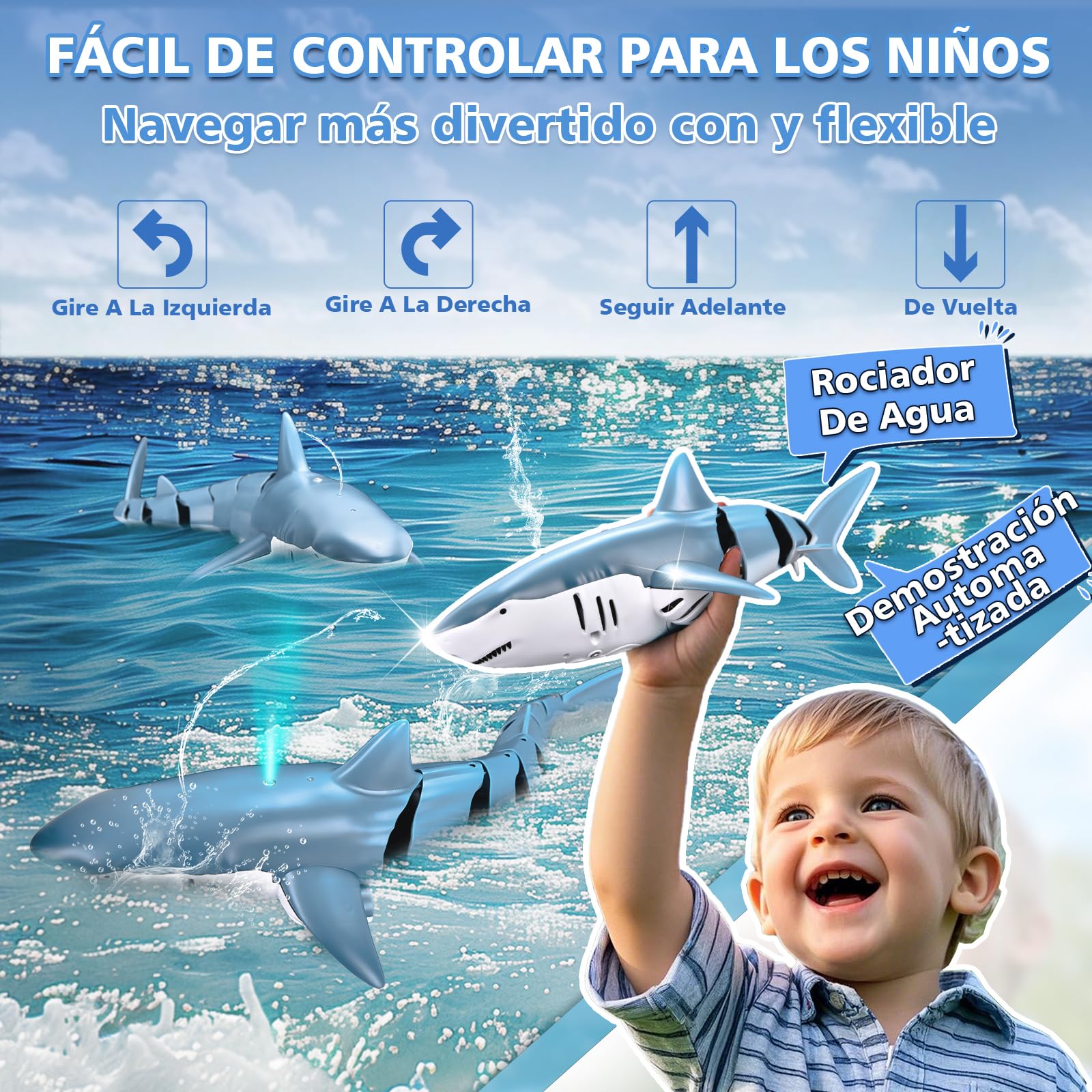 YOOHBERRYS Tiburon Teledirigido, 2.4GHz Tiburon Teledirigido Acuatico, RC Barco Tiburón con Luces y Chorros de Agua, Juguete de Piscina Regalo para 6+ Años Niño Niña