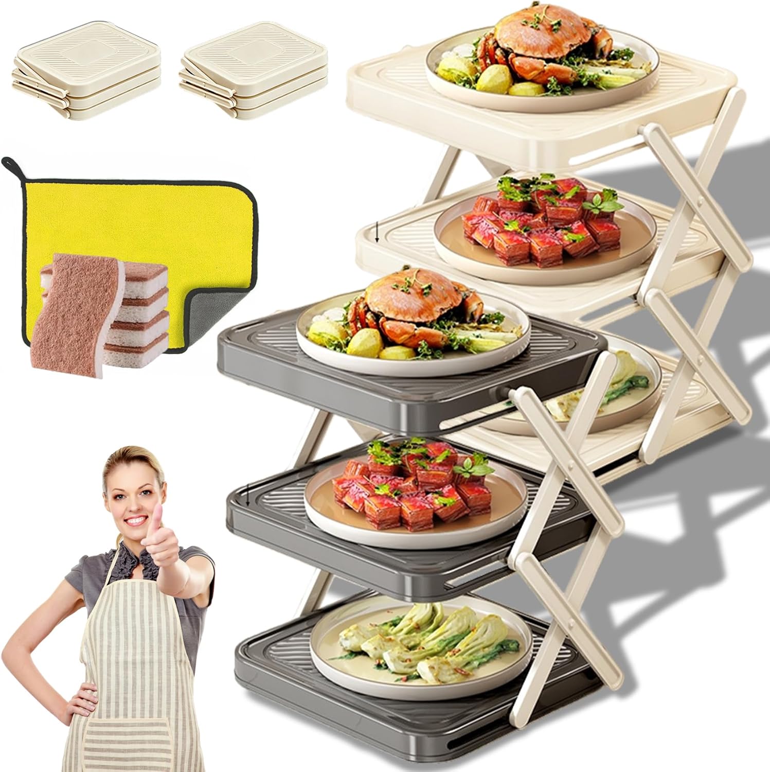 Multi-Layer Side Dish Rack, 3-Tier Foldable Kitchen Prep Rack for Countertop Storage & Hot Pot - with 9.5cm High Layers, Space-Saving Design, Multi-Layer Racks for Kitchen & Hot Pot (2PCS-C)