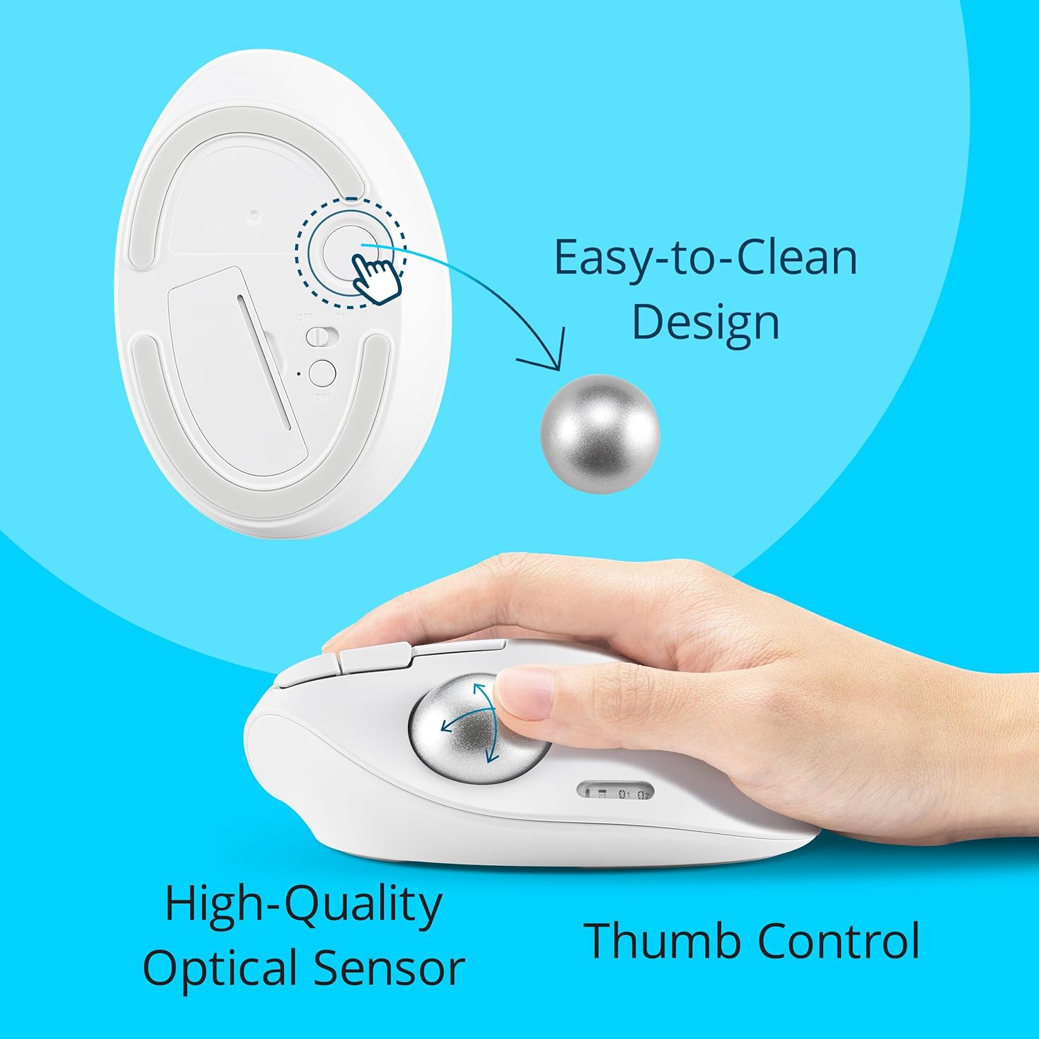 Underside of Kensington TB450 mouse showing ball eject button and top view highlighting thumb control and optical sensor.