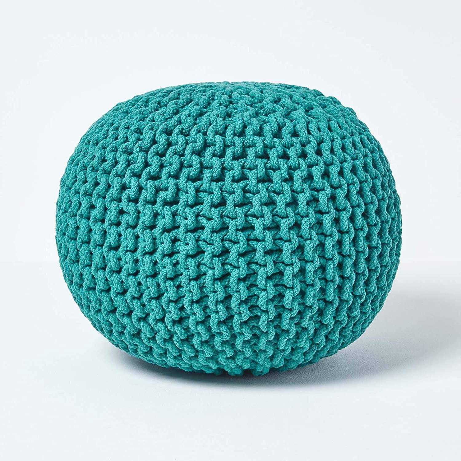 Knitted Moroccan Large Round Pouffe Footstool Chunky Hand Knit Pouf Foot Stool Contemporary Living Room Cushion Seat (50cm, Teal) By EXQUIZIT HOME