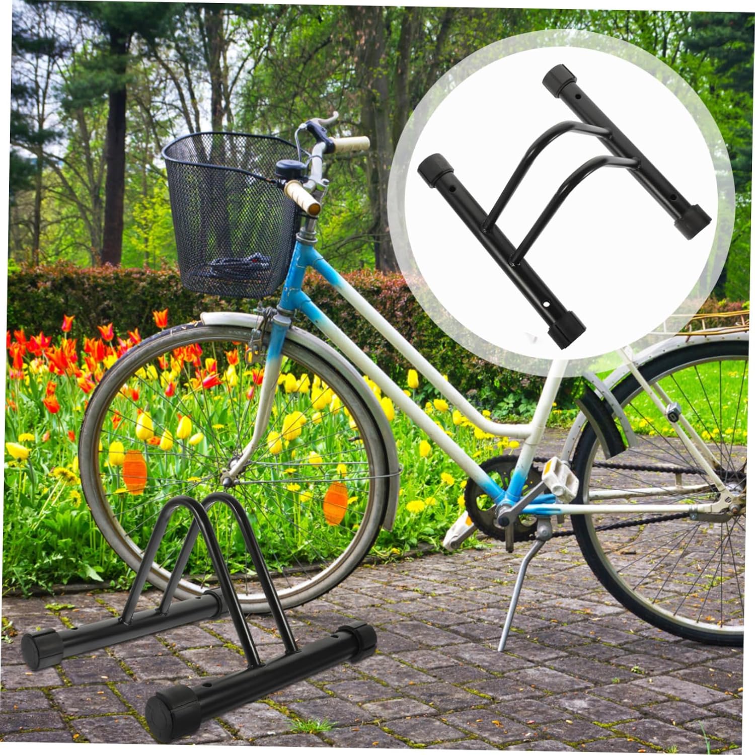 Mikikit Bike Floor Stand Adjustable Bicycle Parking Rack for Mountain and Road Bikes for Indoor and Outdoor Garage Storage
