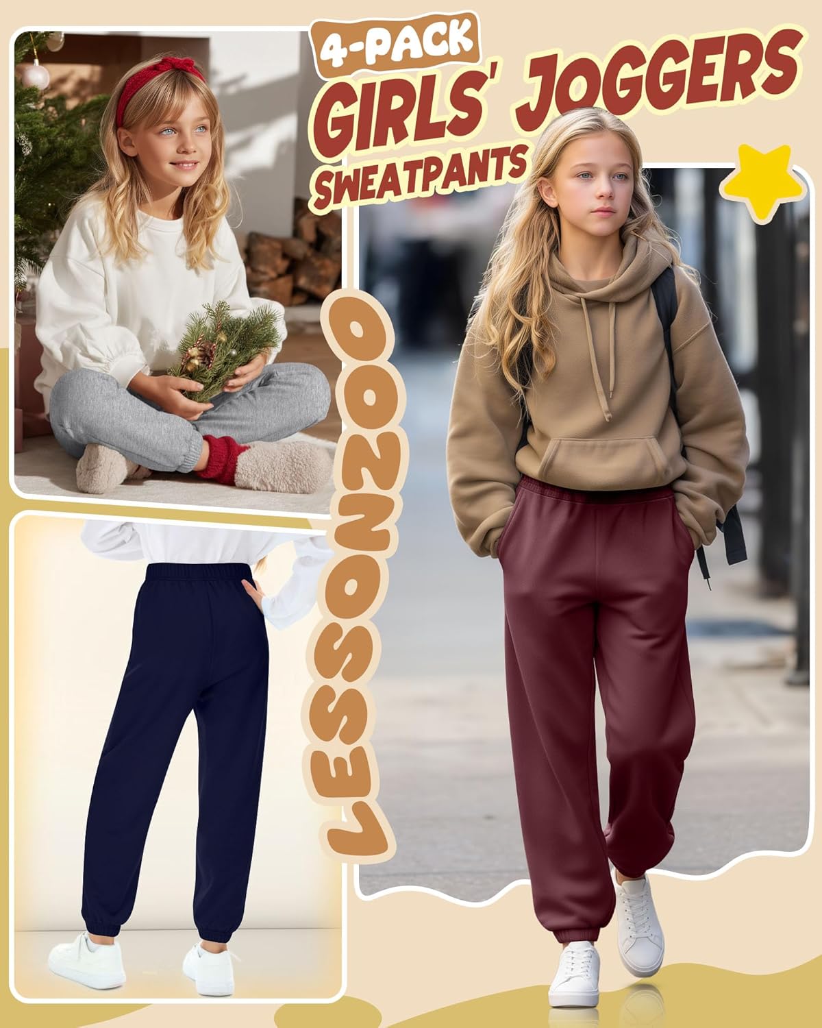 4 Pack Girls' Joggers Sweatpants Kids Casual Pants Elastic Waisted Soft Athletic Sweat Pants with Pocket - Image 2