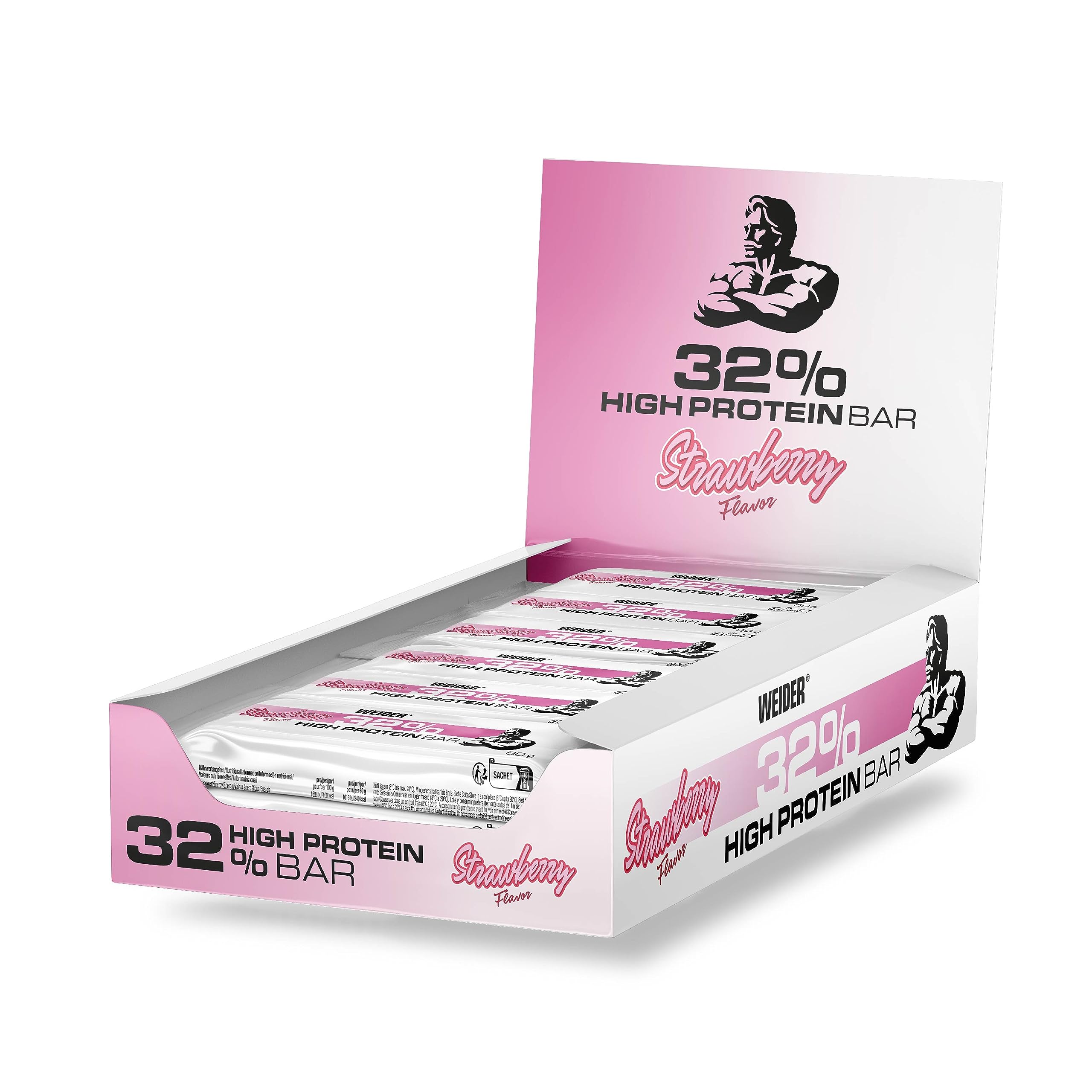 Weider 32% High Protein Bar (12x60g) Strawberry Flavour. Chocolate Coated Bar with High Protein Content Core. Muscle Building and Maintenance Support. Ideal Before or After Training. Delicious Tastes