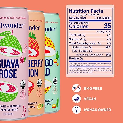 Miniatura 4 de wildwonder Bebida de jugo probiótico espumoso con inmunidad para la salud intestinal, 0.18 onzas de fibra, probióticos vivos, sin cafeína, orgánica,