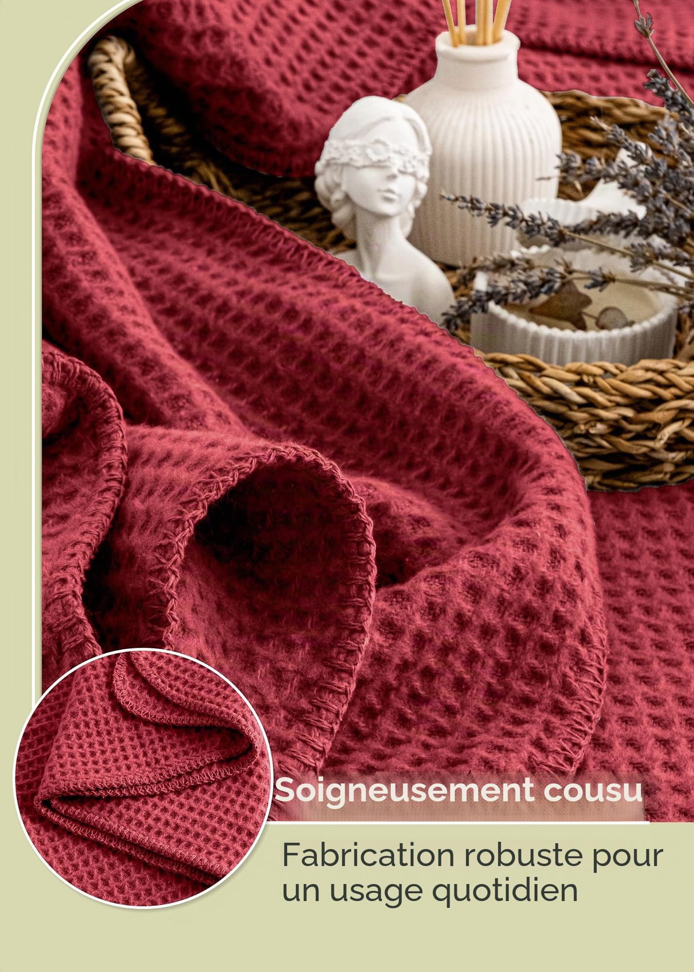 LAYNENBURG Couverture en Coton piqué gaufré Haut de Gamme 150x200 cm - Oeko-TEX 100 - Mélange de Coton Couverture Douillette - Plaid pour la Maison, Le canapé et Le Divan (Bordeaux)