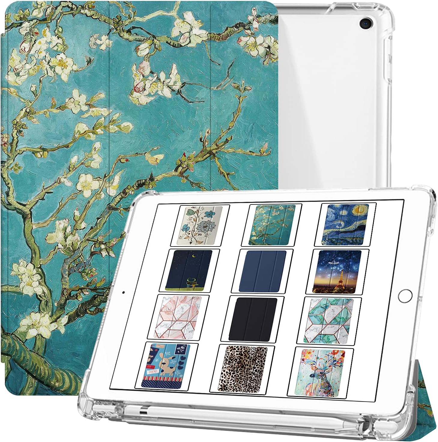 DuraSafe Cases for iPad 7th 8th 9th Gen 2019/2020 / 2021-10.2 Inch [ iPad 9 8 7 ] MW762LL/A UltraSlim Printed Auto Sleep/Wake Printed TPU Transparent Cover with Pencil Holder - Blossom