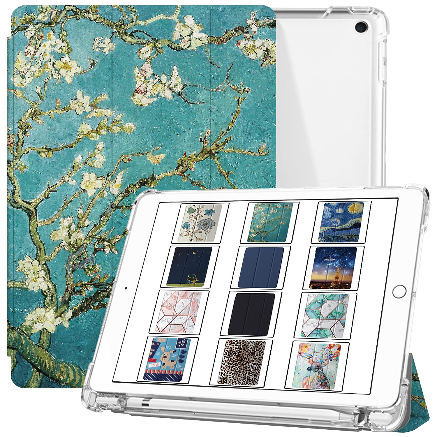 DuraSafe Cases for iPad 7th 8th 9th Gen 2019/2020 / 2021-10.2 Inch [ iPad 9 8 7 ] MW762LL/A UltraSlim Printed Auto Sleep/Wake Printed TPU Transparent Cover with Pencil Holder - Blossom