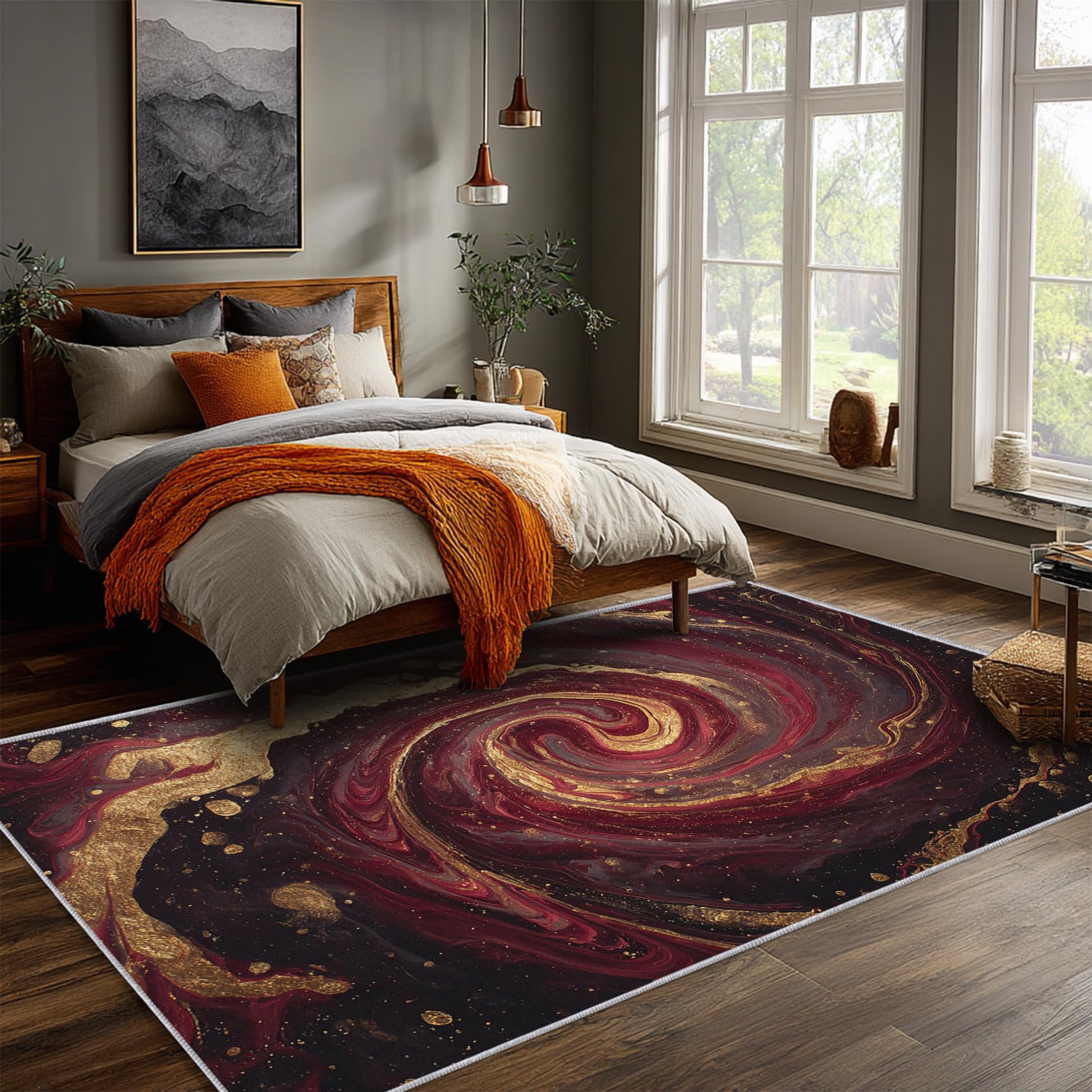 Teppich Klein Weinrot Wohnzimmer 80 x 150 cm Mit Bordeaux Rot Gold Marmor Muster, Weinrot Schlafzimmer Deko Bettvorleger, Kurzflor rutschfest Waschbar Teppiche Gegend