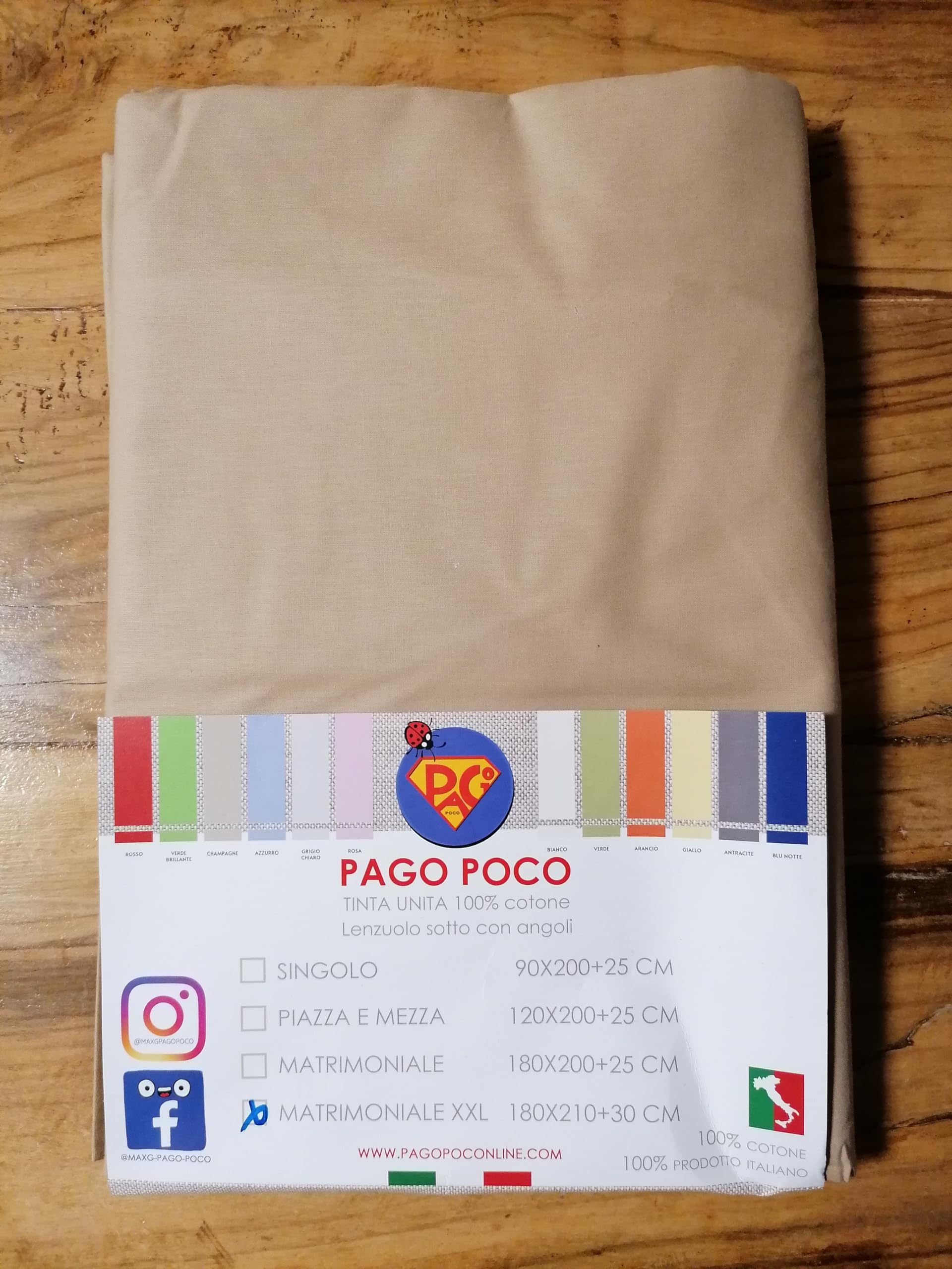 Lenzuolo Sotto Con Angolo Matrimoniale In Tinta Unita Misura XXL 180X210+30cm. 100% Cotone In Fibra Naturale in Tutti i Colori (Tortora)